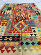 8x6 Handwoven Afghan Vibrant Colors Chobi Kilim Rug - Geometric Wool Flatweave Carpet, Perfect for Living Room or Bedroom Decor 7.11x5.8 ft