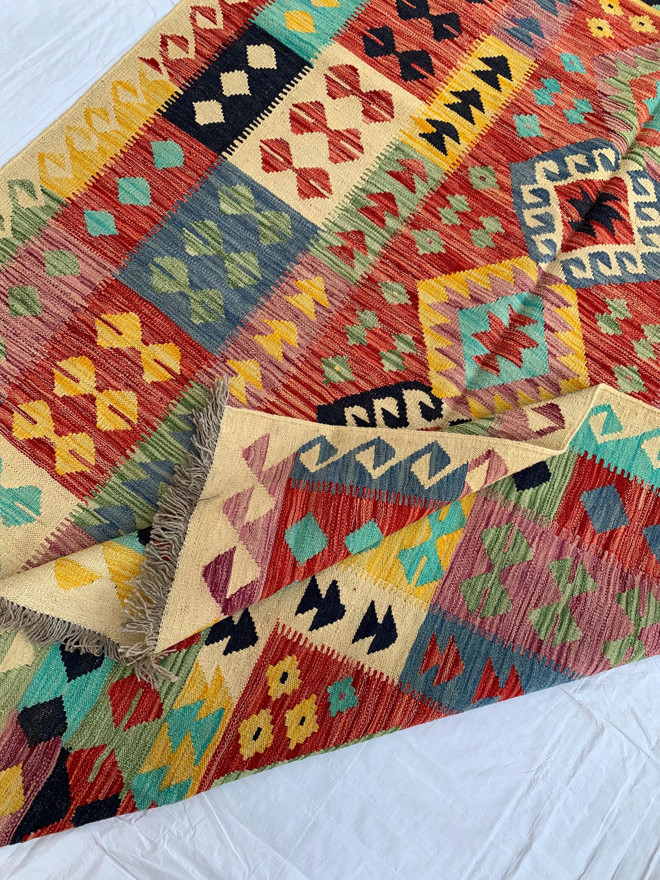 8x6 Handwoven Afghan Vibrant Colors Chobi Kilim Rug - Geometric Wool Flatweave Carpet, Perfect for Living Room or Bedroom Decor 7.11x5.8 ft