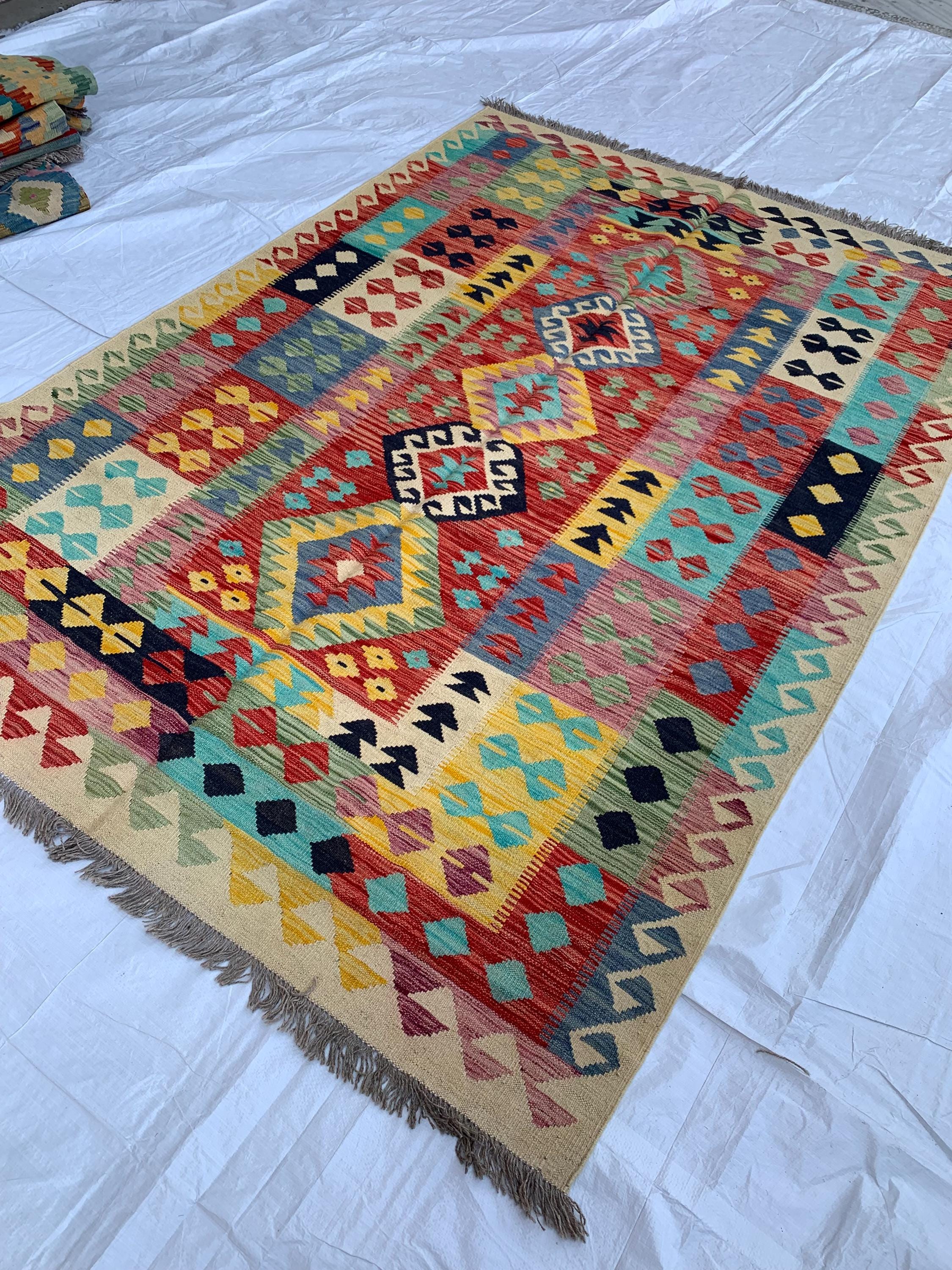 8x6 Handwoven Afghan Vibrant Colors Chobi Kilim Rug - Geometric Wool Flatweave Carpet, Perfect for Living Room or Bedroom Decor 7.11x5.8 ft