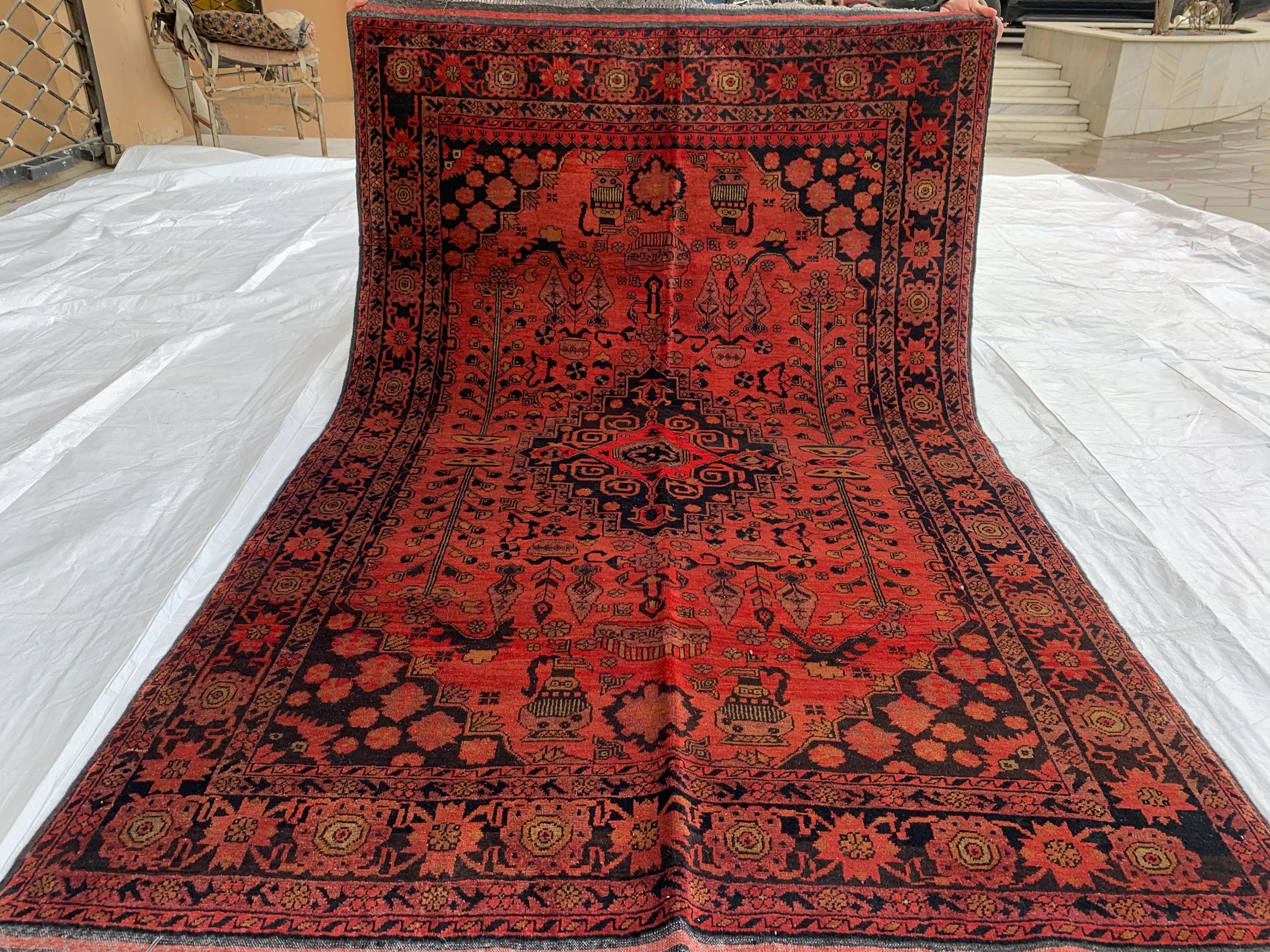 4x7 Vintage Bukhara Beljik Naksha Rug Hand-Knotted Afghan Carpet, Traditional Red Oriental Wool Rug | Classic Bohemian Home Décor 6.7x4.1 ft