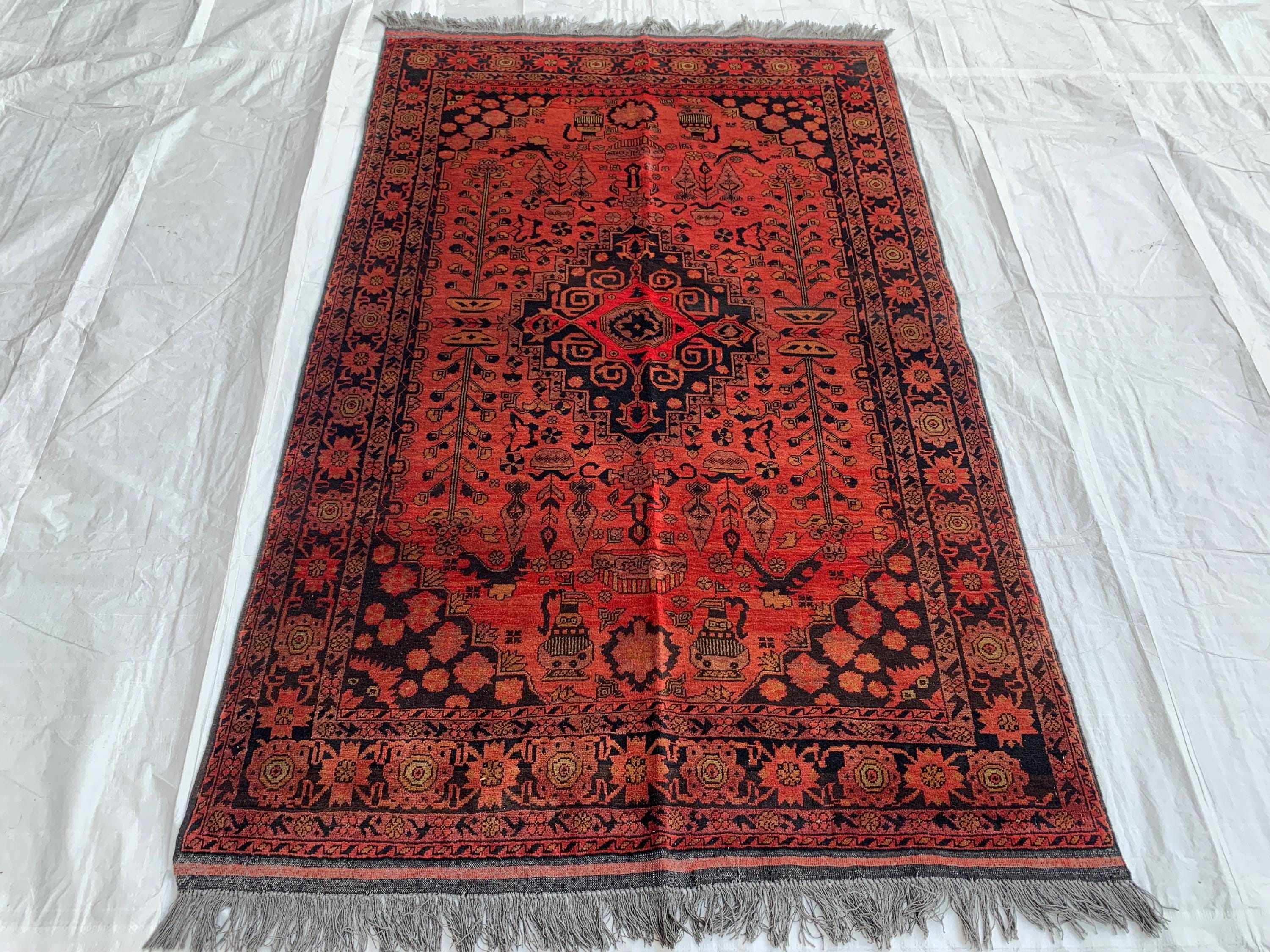 4x7 Vintage Bukhara Beljik Naksha Rug Hand-Knotted Afghan Carpet, Traditional Red Oriental Wool Rug | Classic Bohemian Home Décor 6.7x4.1 ft