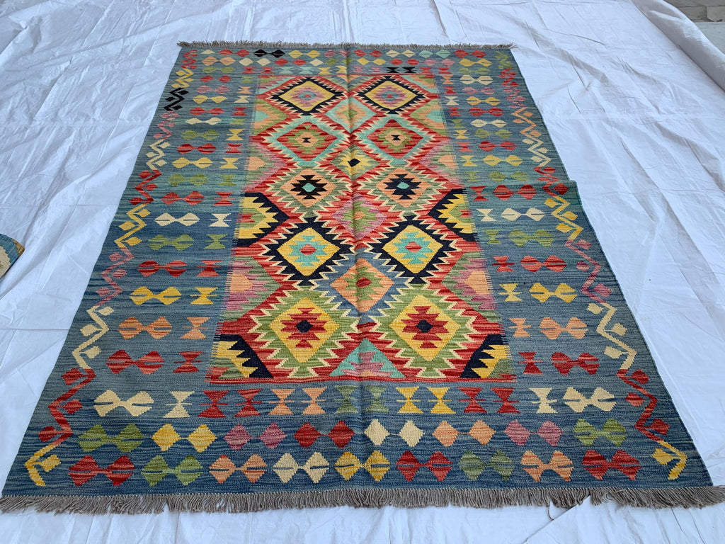 8x6 Handwoven Afghan Vibrant Colors Kilim Rug - Geometric Wool Flatweave Carpet, Perfect for Farmhouse, Kitchen or Bedroom Decor 7.11x5.11