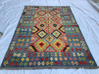 8x6 Handwoven Afghan Vibrant Colors Kilim Rug - Geometric Wool Flatweave Carpet, Perfect for Farmhouse, Kitchen or Bedroom Decor 7.11x5.11