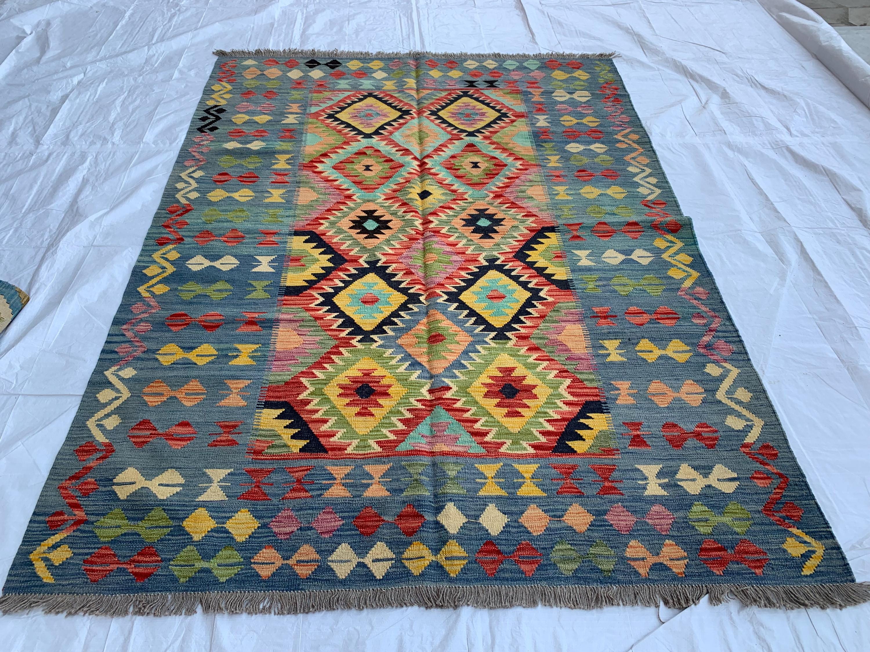 8x6 Handwoven Afghan Vibrant Colors Kilim Rug - Geometric Wool Flatweave Carpet, Perfect for Farmhouse, Kitchen or Bedroom Decor 7.11x5.11