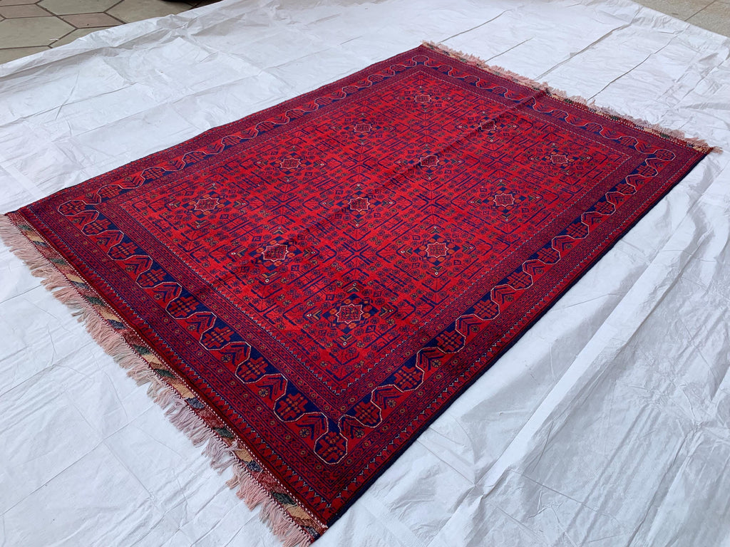 8x5 Authentic Afghan Bukhara Rug- Handmade Red Oriental Carpet, Geometric Wool Area Rug, Rugs For Living Room, Dining Room Rug 7.8x5.5 ft