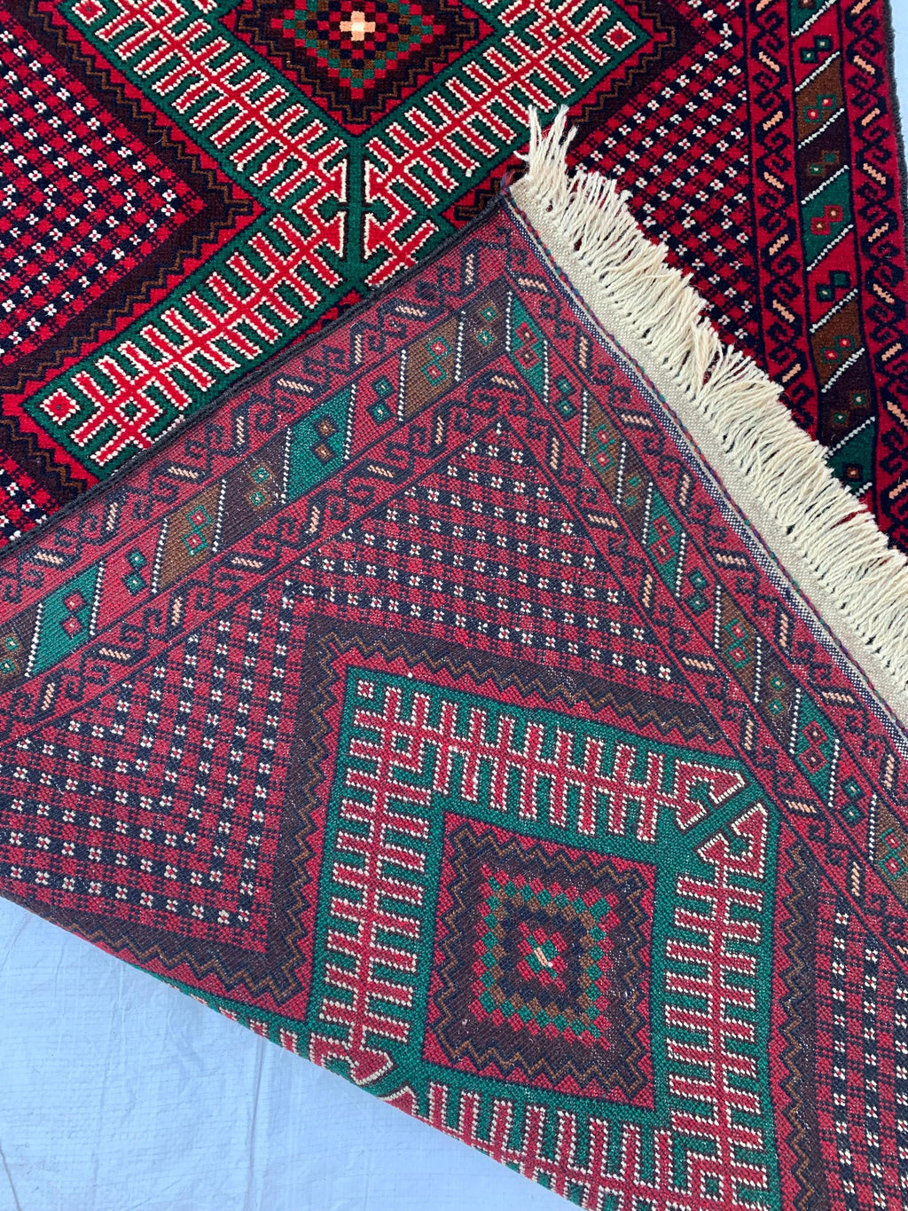3x6 Vintage Afghan Turkmen Bokhara Rug – Handmade Wool Carpet with Traditional Geometric Gul Design in Rich Red & Deep Brown 2.9x6.2 ft