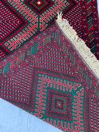3x6 Vintage Afghan Turkmen Bokhara Rug – Handmade Wool Carpet with Traditional Geometric Gul Design in Rich Red & Deep Brown 2.9x6.2 ft
