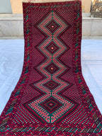 3x6 Vintage Afghan Turkmen Bokhara Rug – Handmade Wool Carpet with Traditional Geometric Gul Design in Rich Red & Deep Brown 2.9x6.2 ft