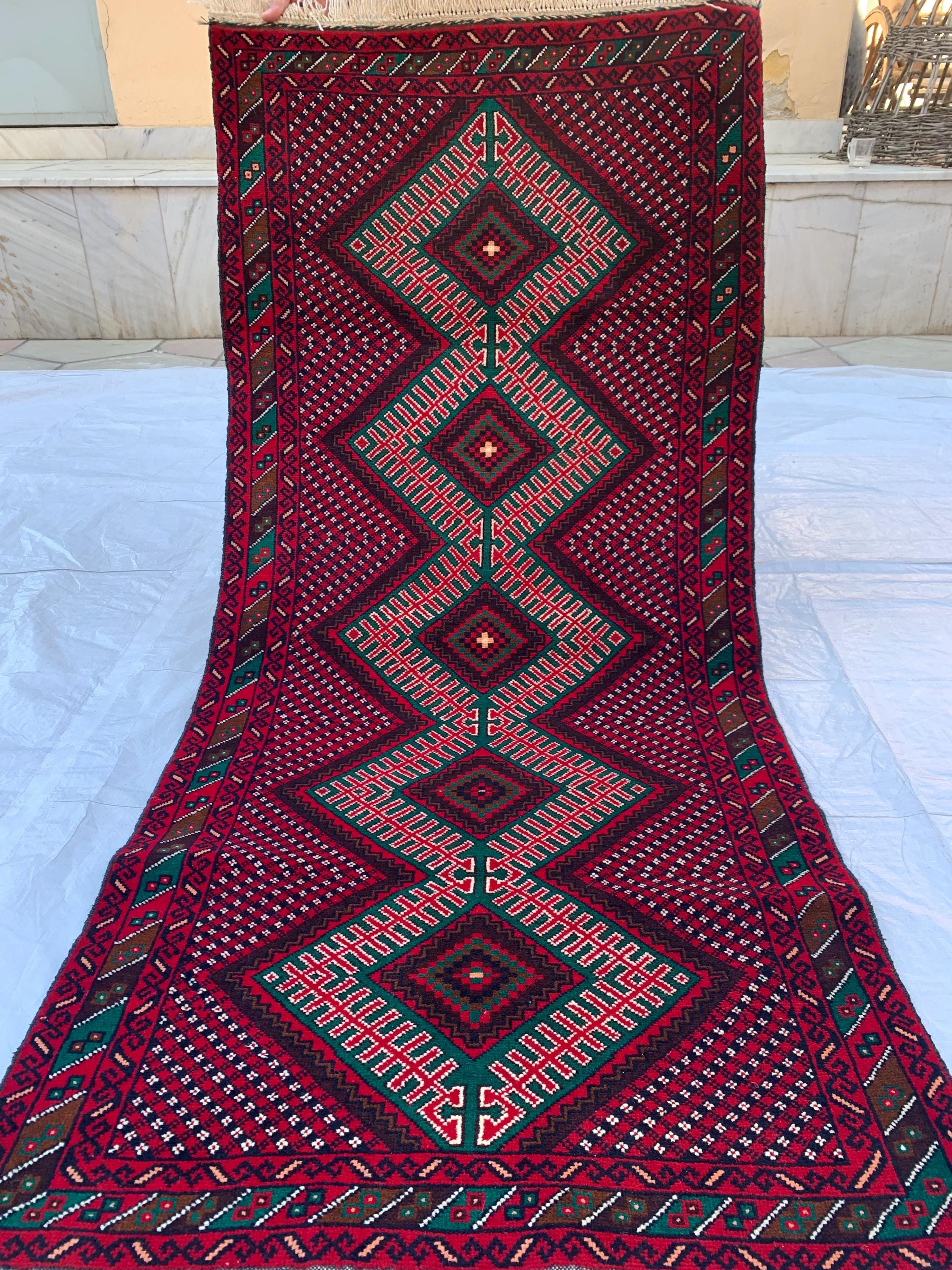 3x6 Vintage Afghan Turkmen Bokhara Rug – Handmade Wool Carpet with Traditional Geometric Gul Design in Rich Red & Deep Brown 2.9x6.2 ft
