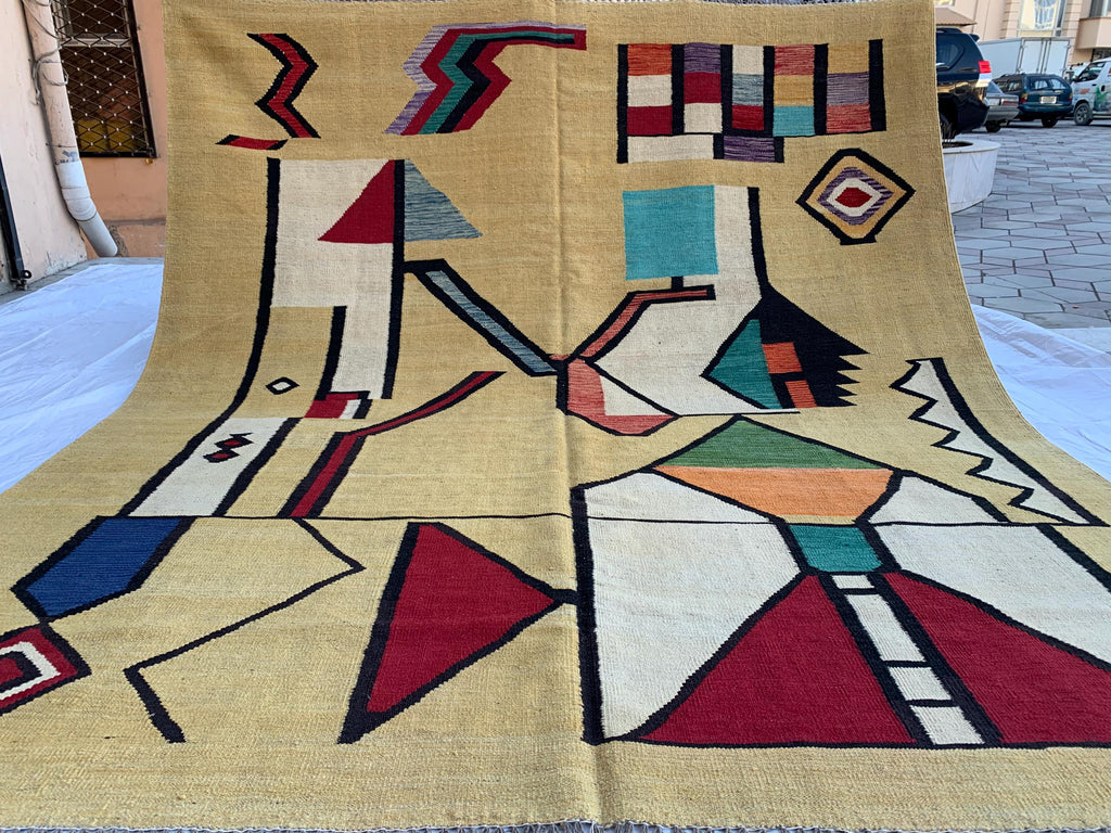 8x10 Handmade Afghan Kilim Rug–Abstract Geometric Tribal Art – Colorful Wool Flatweave, Kids Room Rug, Rug For Living Room 9.6 x 8.2 ft