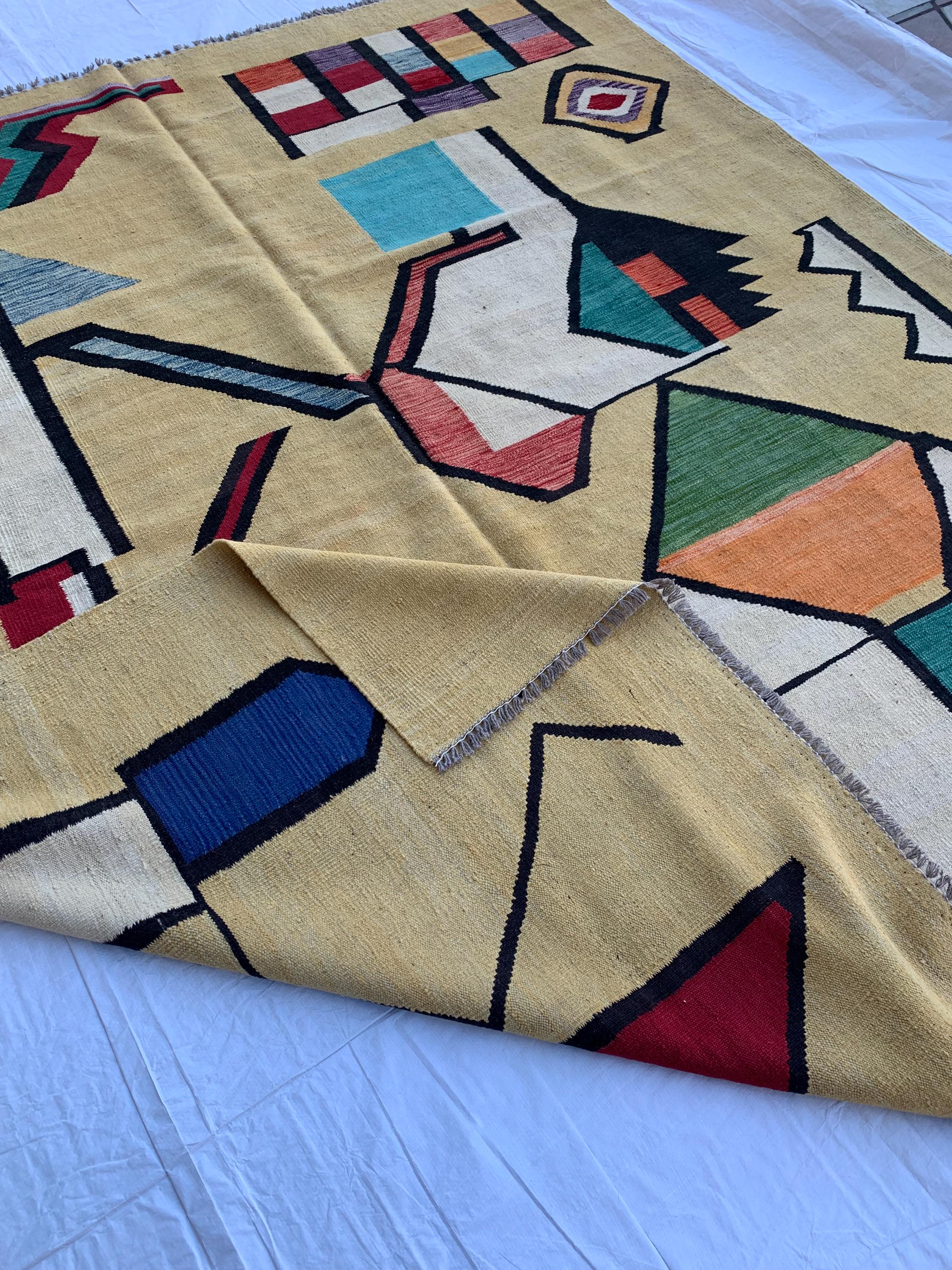 8x10 Handmade Afghan Kilim Rug–Abstract Geometric Tribal Art – Colorful Wool Flatweave, Kids Room Rug, Rug For Living Room 9.6 x 8.2 ft