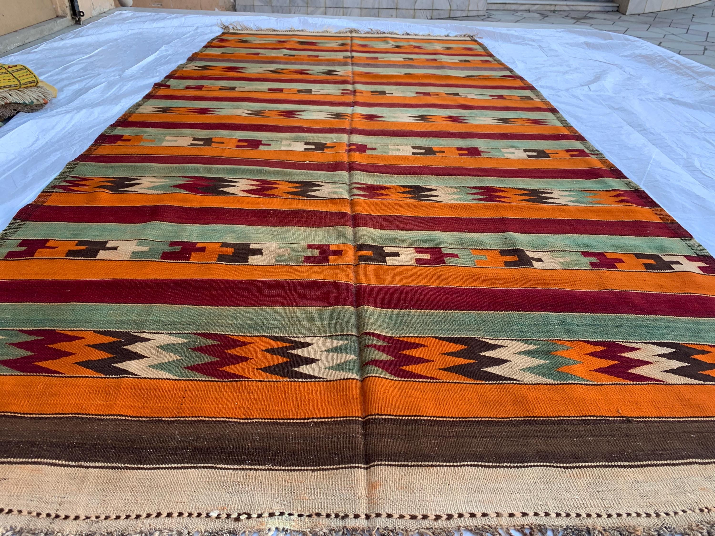 7x13 Vintage Handmade Afghan Kilim Rug – Abstract Geometric Tribal Art – Colorful Wool Flatweave, Collectible Rug 12.10x6.7 ft
