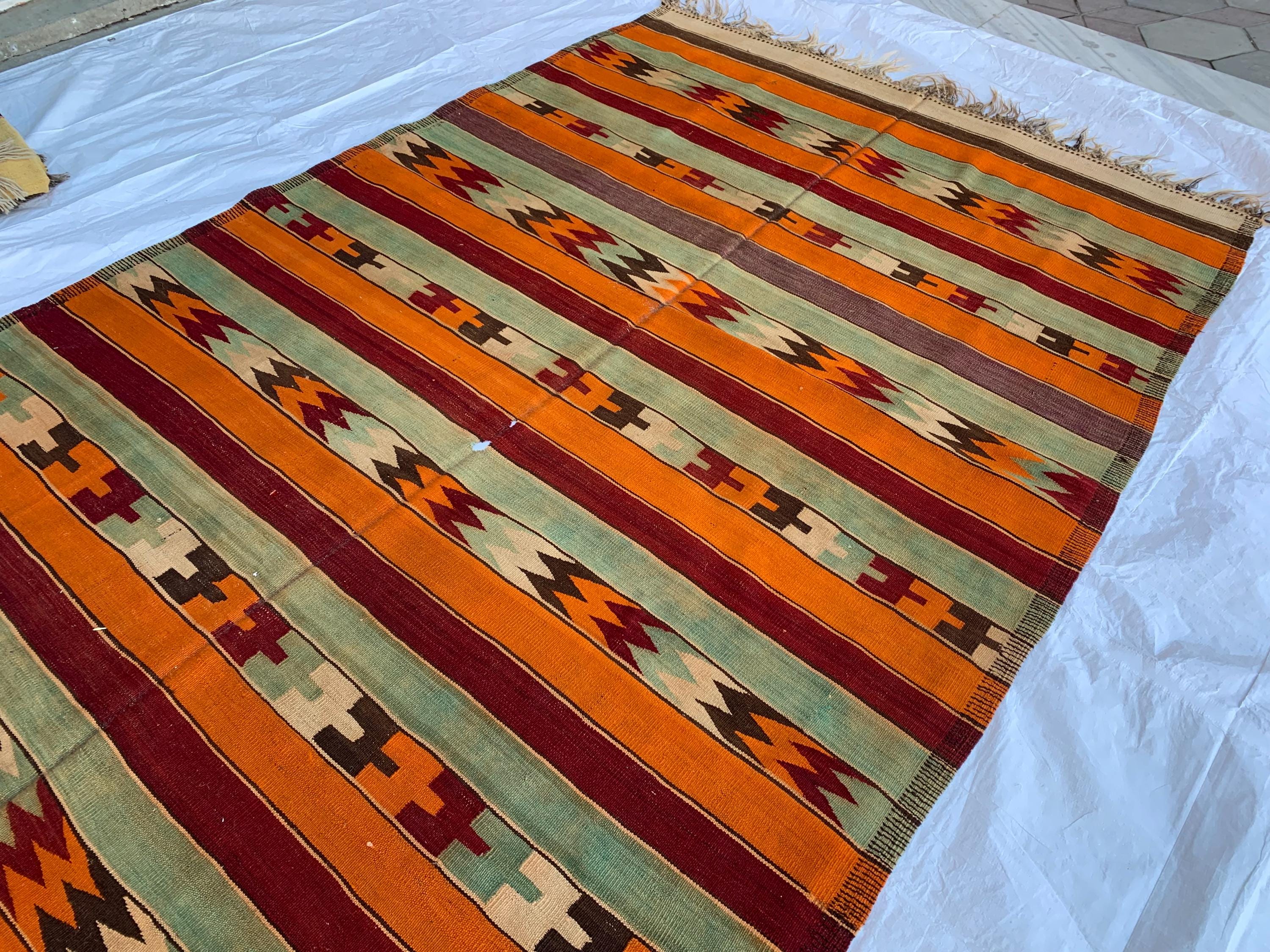 7x13 Vintage Handmade Afghan Kilim Rug – Abstract Geometric Tribal Art – Colorful Wool Flatweave, Collectible Rug 12.10x6.7 ft