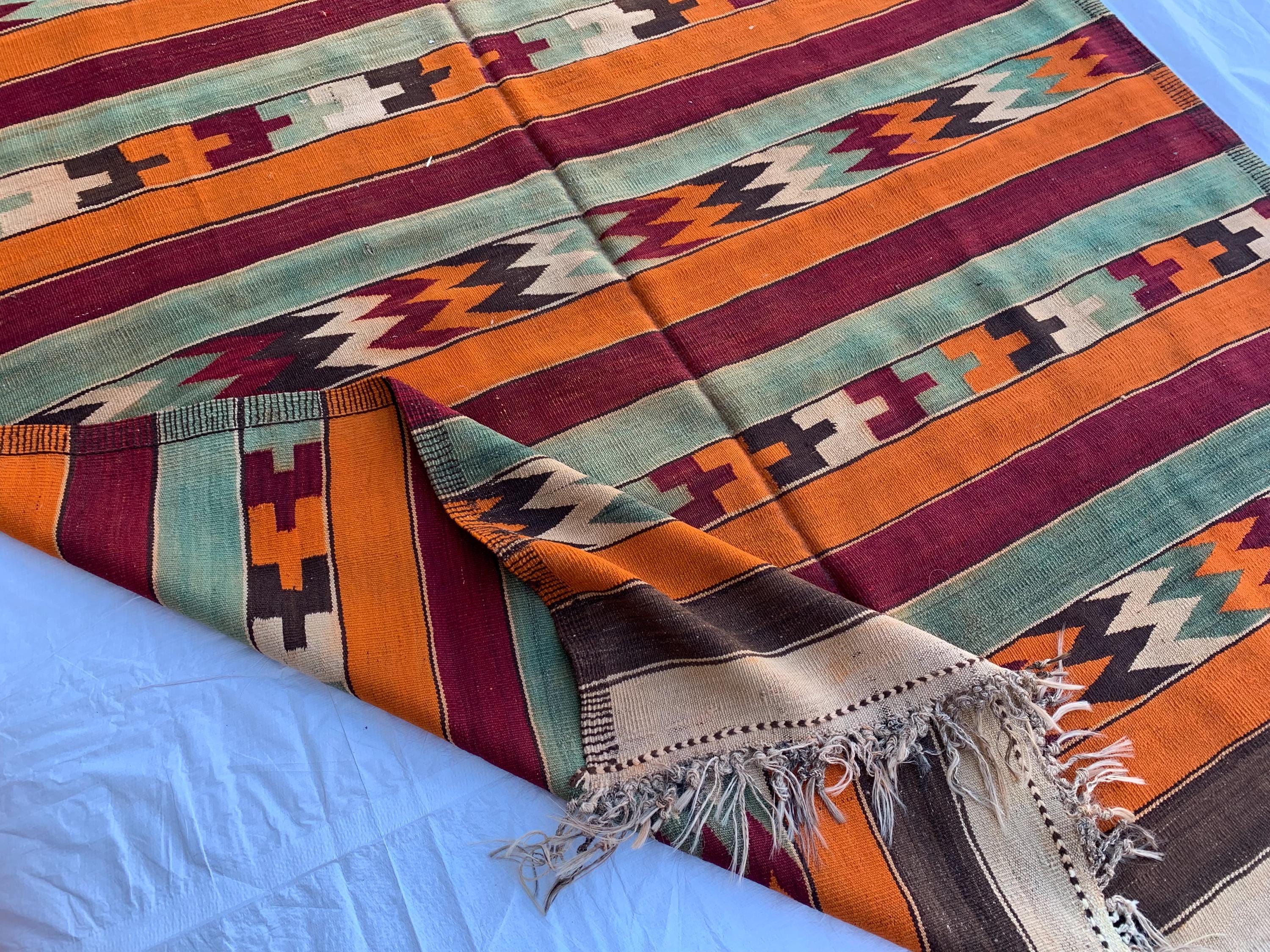 7x13 Vintage Handmade Afghan Kilim Rug – Abstract Geometric Tribal Art – Colorful Wool Flatweave, Collectible Rug 12.10x6.7 ft