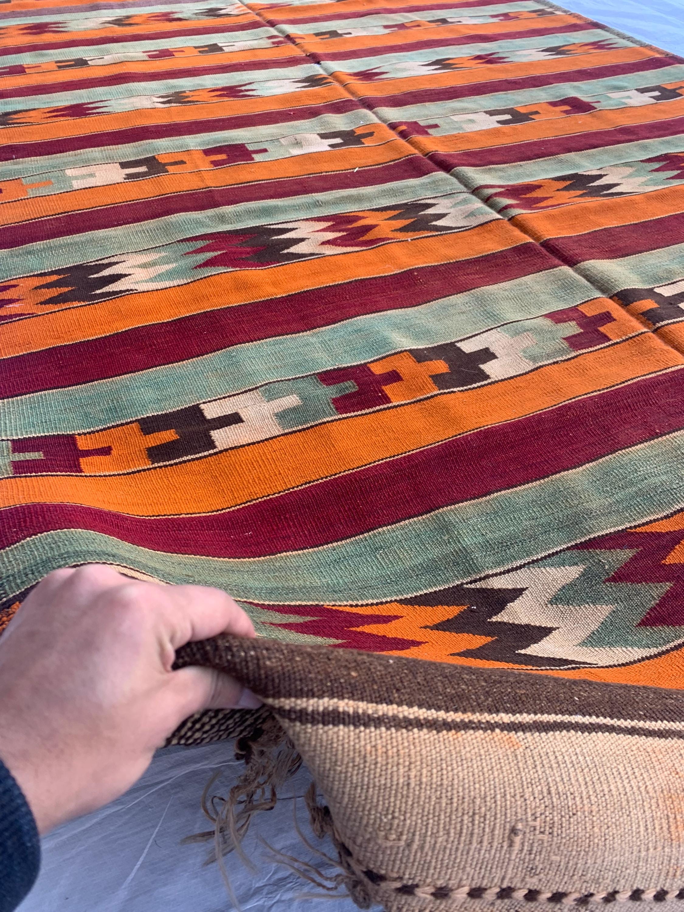 7x13 Vintage Handmade Afghan Kilim Rug – Abstract Geometric Tribal Art – Colorful Wool Flatweave, Collectible Rug 12.10x6.7 ft
