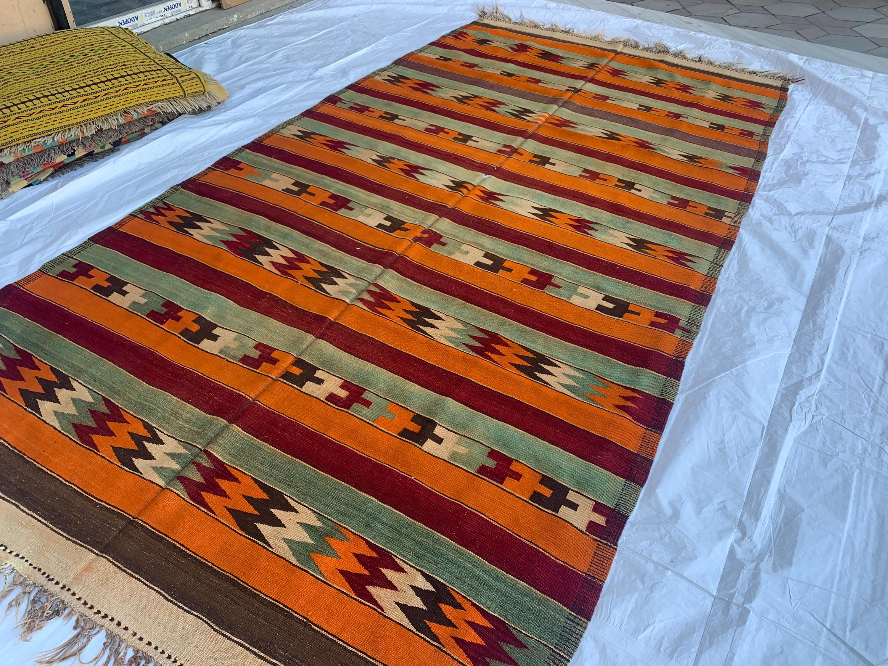 7x13 Vintage Handmade Afghan Kilim Rug – Abstract Geometric Tribal Art – Colorful Wool Flatweave, Collectible Rug 12.10x6.7 ft