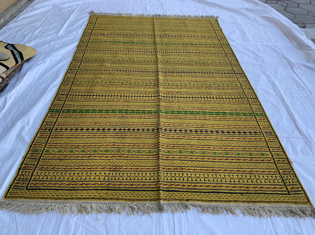 7x10 Handmade Afghan Kilim Rug Striped Nomadic Wool Carpet Yellow Bohemian Flatweave, Perfect For Farmhouse, Countryside Home 10.2x6.5