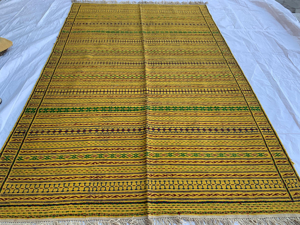 7x10 Handmade Afghan Kilim Rug Striped Nomadic Wool Carpet Yellow Bohemian Flatweave, Perfect For Farmhouse, Countryside Home 10.2x6.5