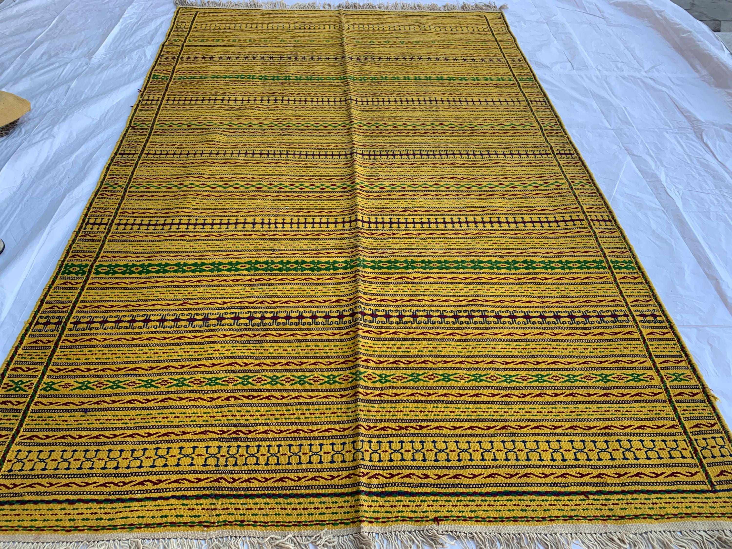 7x10 Handmade Afghan Kilim Rug Striped Nomadic Wool Carpet Yellow Bohemian Flatweave, Perfect For Farmhouse, Countryside Home 10.2x6.5