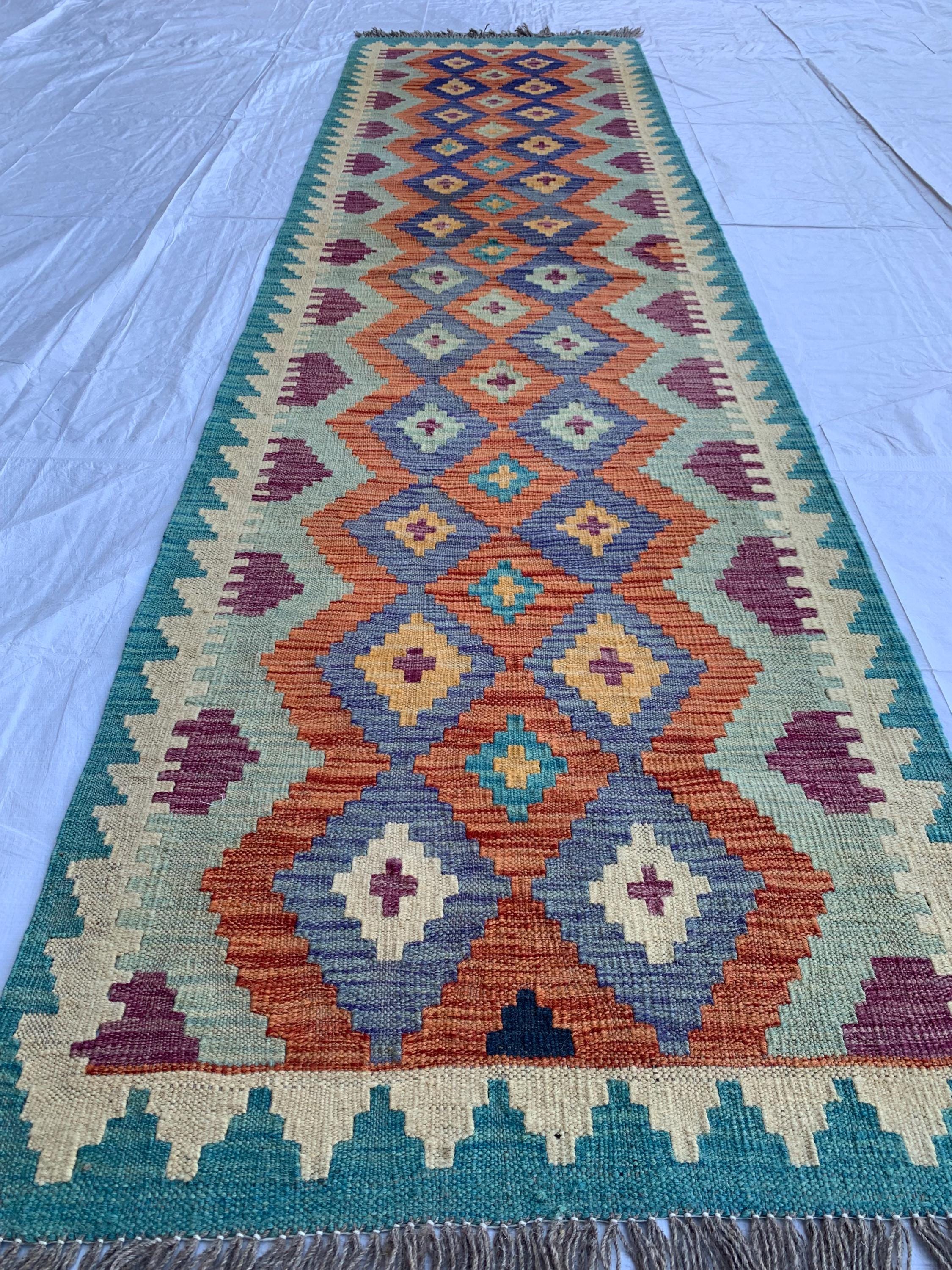 Handwoven Afghan Chobi Kilim Runner - 9.7x2.7 ft - Multicolor Wool Rug with Geometric Tribal Design, Perfect for Hallway or Entryway Decor