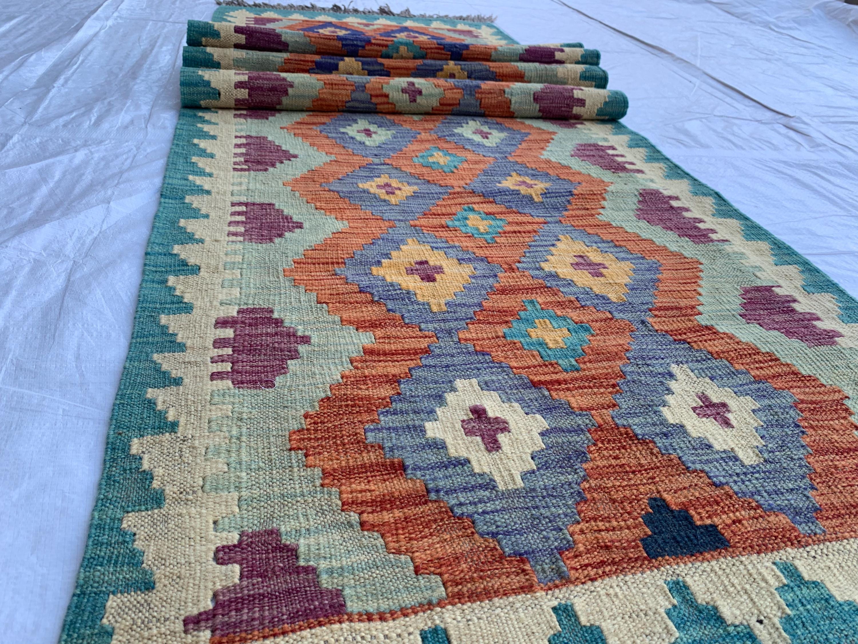 Handwoven Afghan Chobi Kilim Runner - 9.7x2.7 ft - Multicolor Wool Rug with Geometric Tribal Design, Perfect for Hallway or Entryway Decor