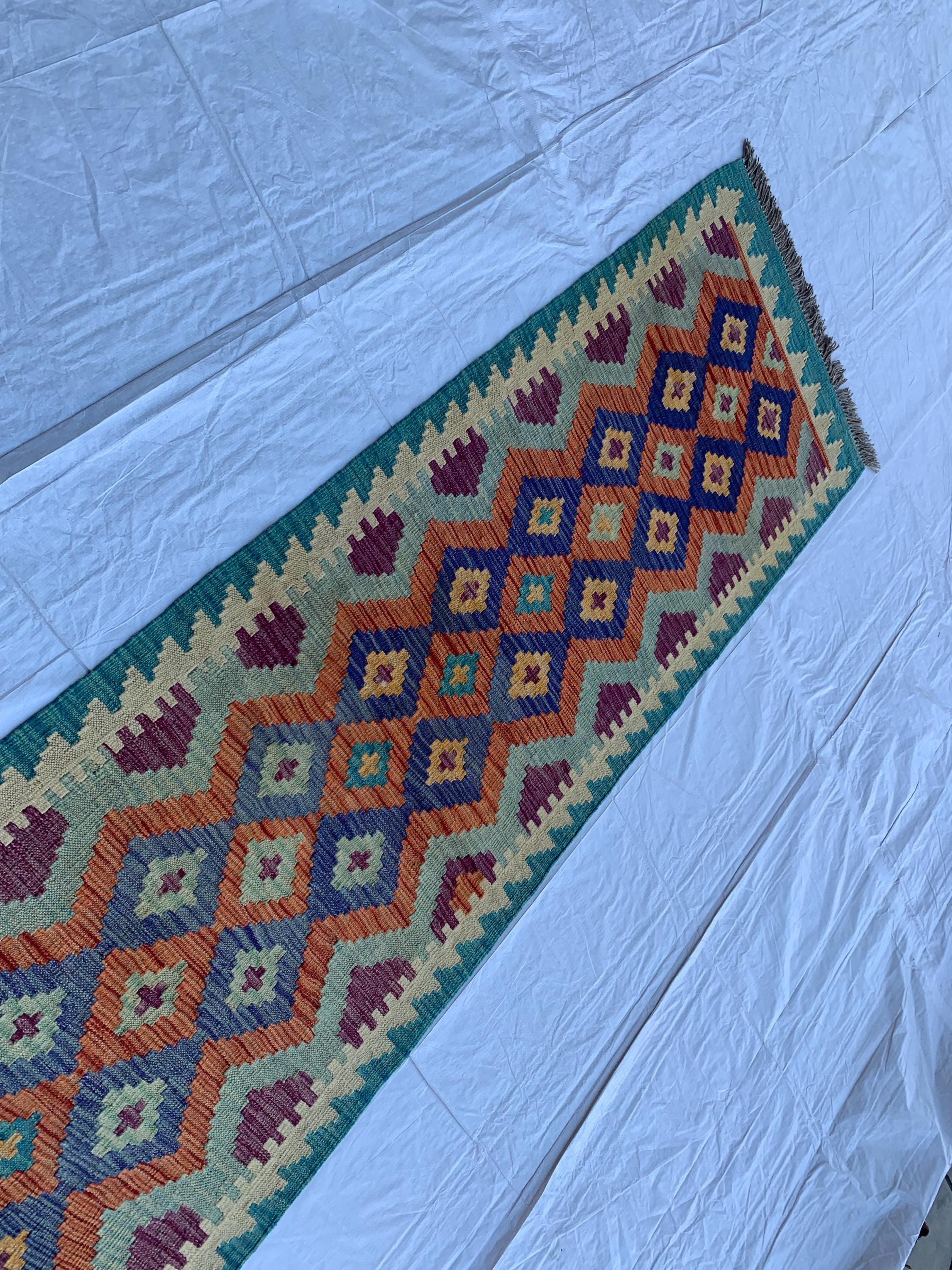 Handwoven Afghan Chobi Kilim Runner - 9.7x2.7 ft - Multicolor Wool Rug with Geometric Tribal Design, Perfect for Hallway or Entryway Decor