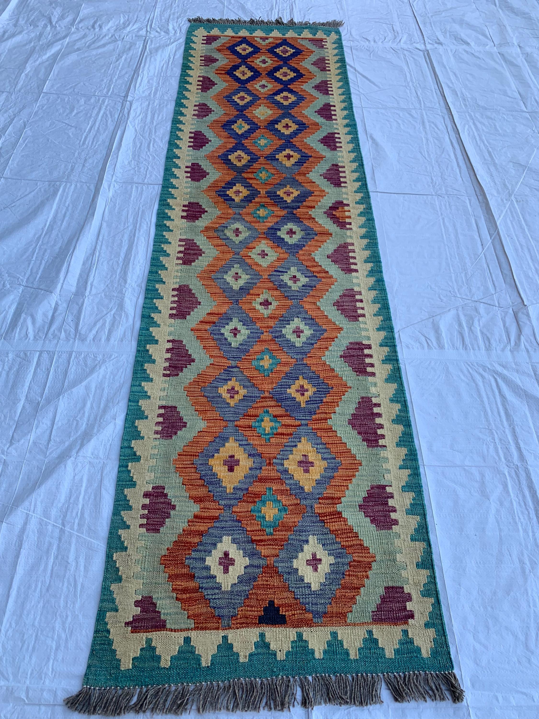 Handwoven Afghan Chobi Kilim Runner - 9.7x2.7 ft - Multicolor Wool Rug with Geometric Tribal Design, Perfect for Hallway or Entryway Decor