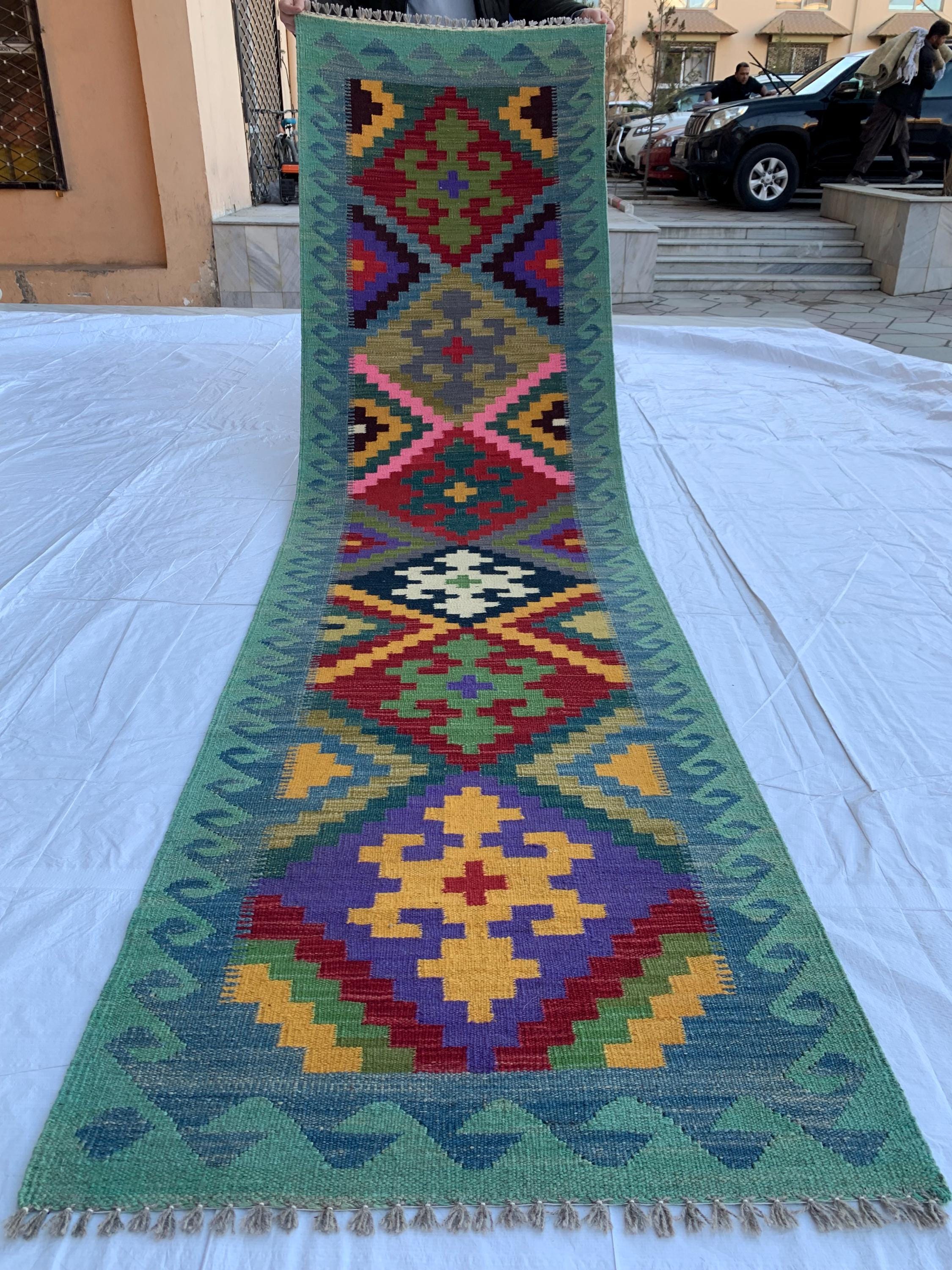 3x10 Handwoven Afghan Rich Green Chobi Kilim Runner- colorful Wool Rug with Geometric Tribal Design, Perfect for Hallway or Entryway Decor