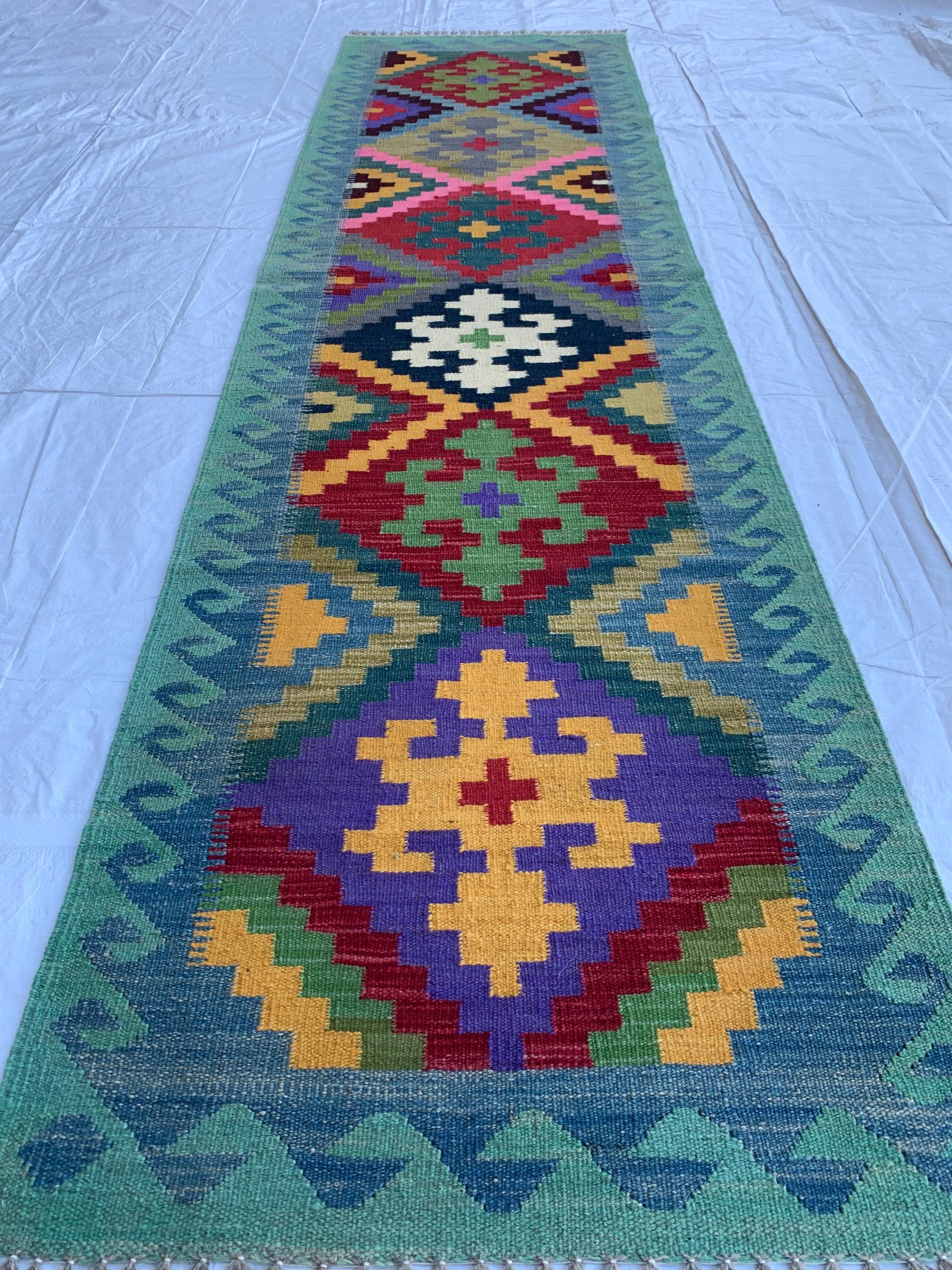 3x10 Handwoven Afghan Rich Green Chobi Kilim Runner- colorful Wool Rug with Geometric Tribal Design, Perfect for Hallway or Entryway Decor