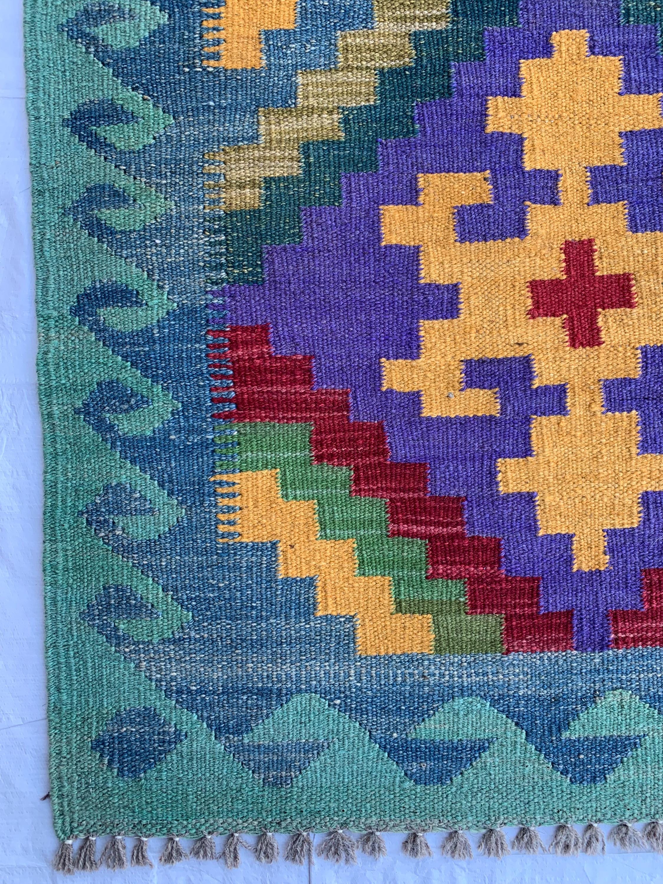 3x10 Handwoven Afghan Rich Green Chobi Kilim Runner- colorful Wool Rug with Geometric Tribal Design, Perfect for Hallway or Entryway Decor