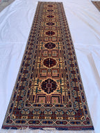 3x13 Handmade Afghan Gandum Naksha Runner Tribal Wool Rug, Traditional Geometric Hallway Carpet, Nomadic Bohemian Long Rug 13x2.8 ft