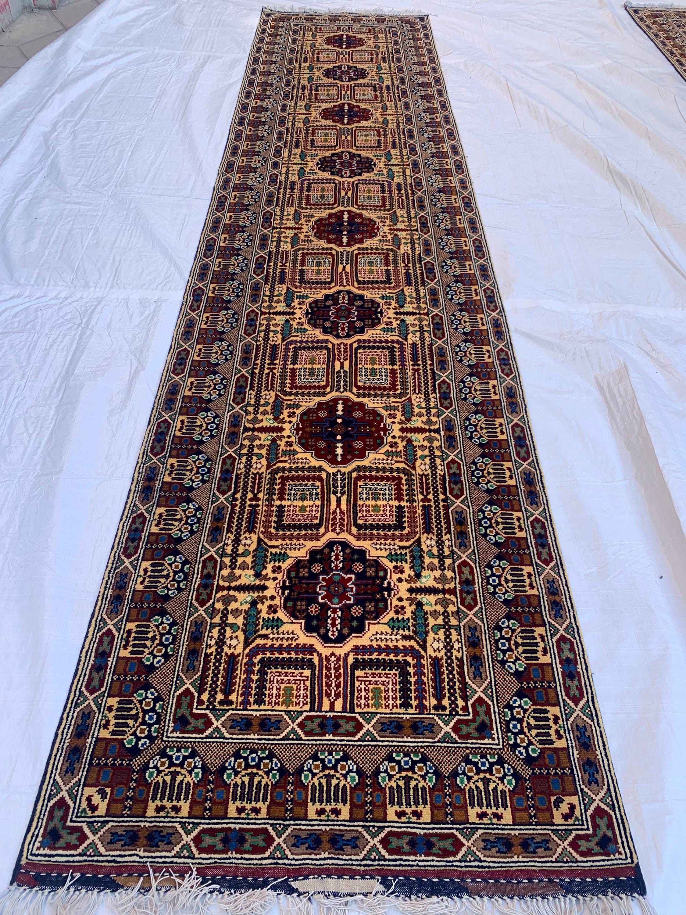 3x13 Handmade Afghan Gandum Naksha Runner Tribal Wool Rug, Traditional Geometric Hallway Carpet, Nomadic Bohemian Long Rug 13x2.8 ft