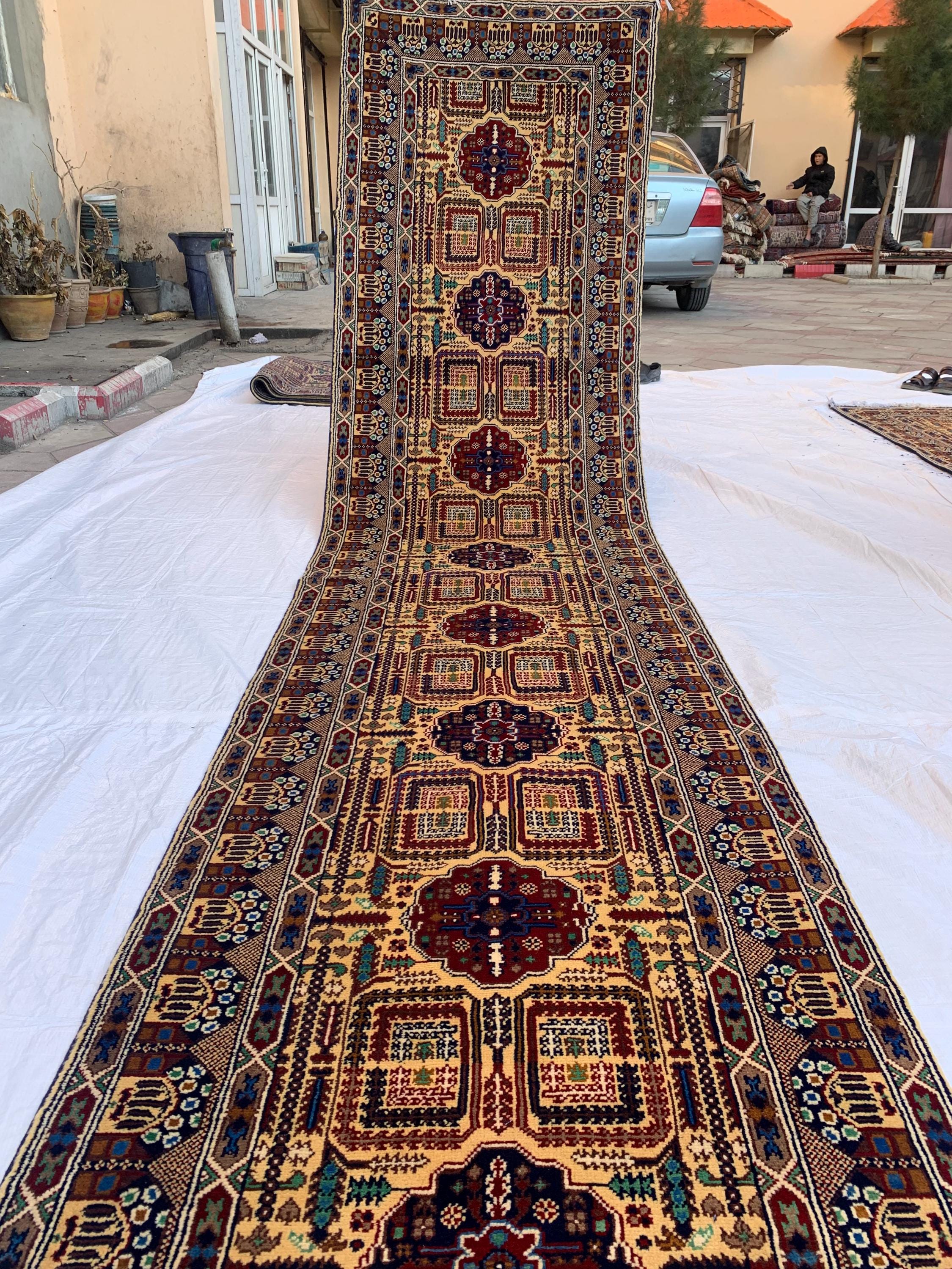 3x13 Handmade Afghan Gandum Naksha Runner Tribal Wool Rug, Traditional Geometric Hallway Carpet, Nomadic Bohemian Long Rug 13x2.8 ft