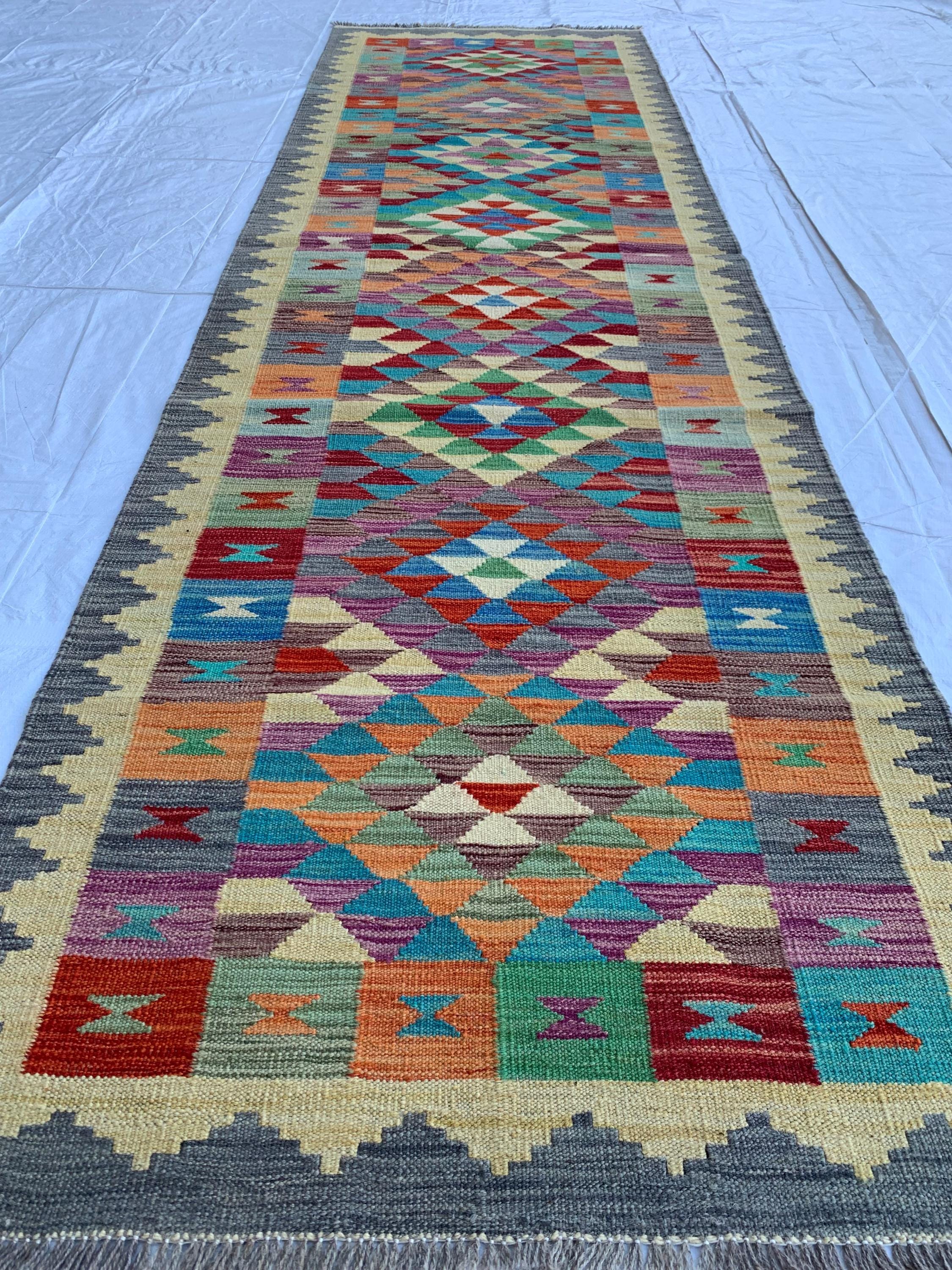 3x10 Handwoven Afghan Chobi Kilim Runner Multicolor Wool Rug with Geometric Tribal Design, Perfect for Hallway or Entryway Decor 9.8x2.9 ft
