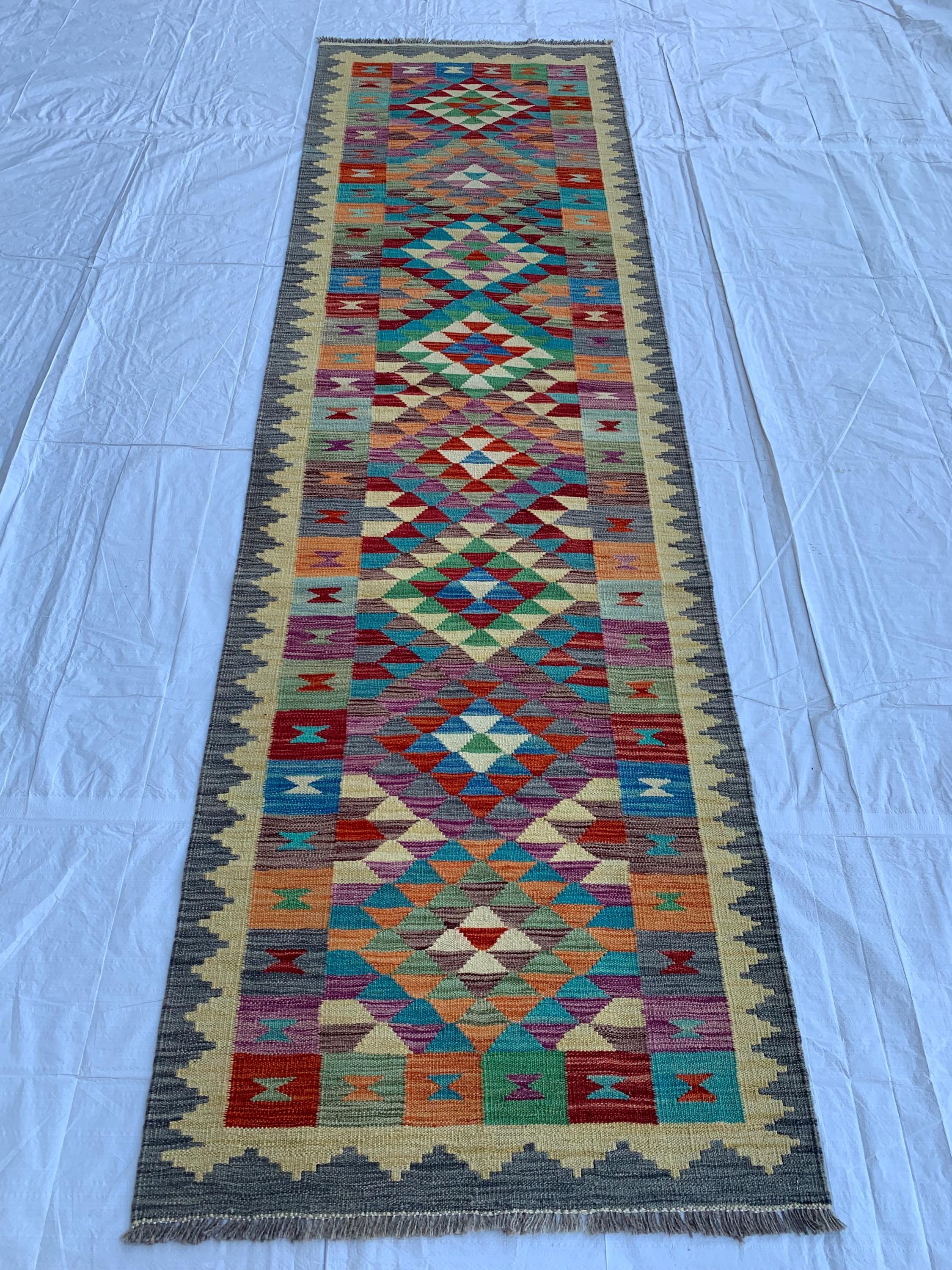 3x10 Handwoven Afghan Chobi Kilim Runner Multicolor Wool Rug with Geometric Tribal Design, Perfect for Hallway or Entryway Decor 9.8x2.9 ft