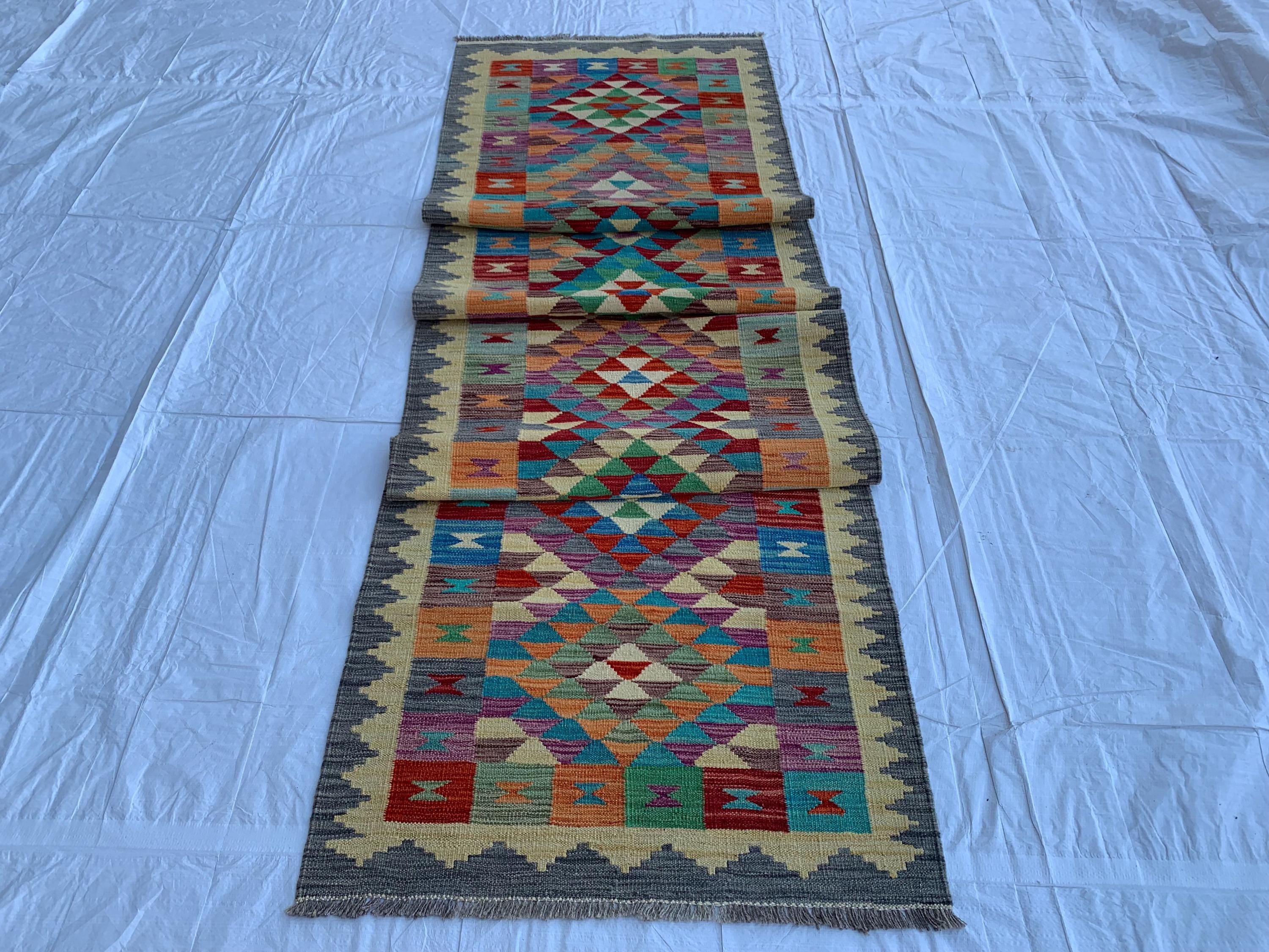 3x10 Handwoven Afghan Chobi Kilim Runner Multicolor Wool Rug with Geometric Tribal Design, Perfect for Hallway or Entryway Decor 9.8x2.9 ft