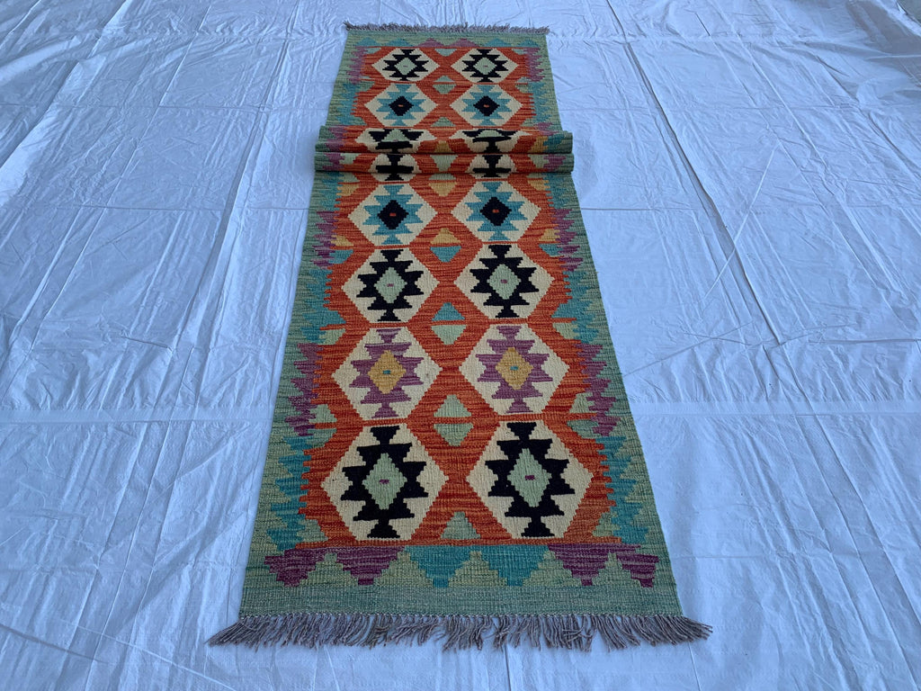 3x10 Handwoven Afghan Chobi Kilim Runner Multicolor Wool Rug with Geometric Tribal Design, Perfect for Hallway or Entryway Decor 10x2.8 ft