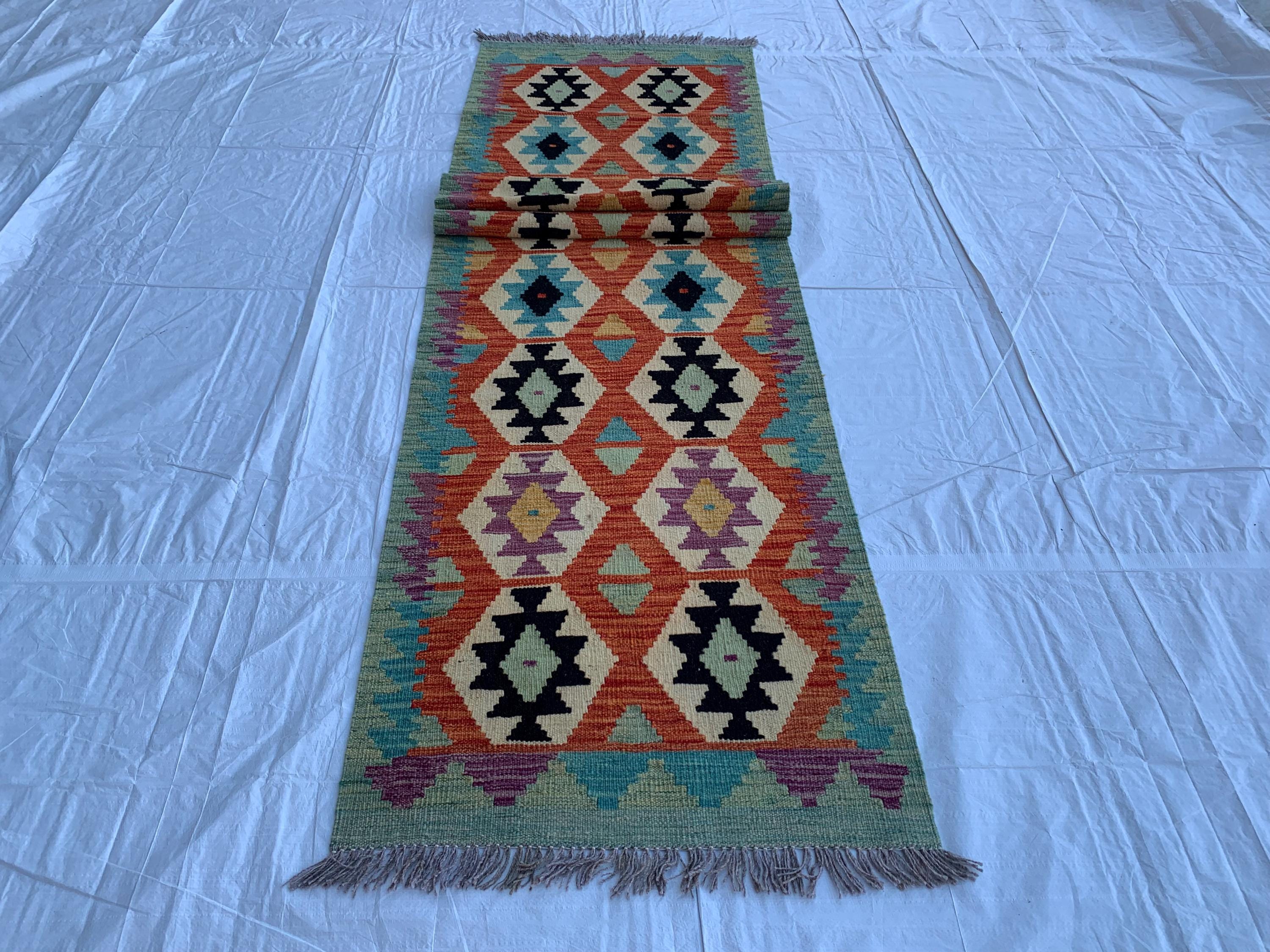 3x10 Handwoven Afghan Chobi Kilim Runner Multicolor Wool Rug with Geometric Tribal Design, Perfect for Hallway or Entryway Decor 10x2.8 ft