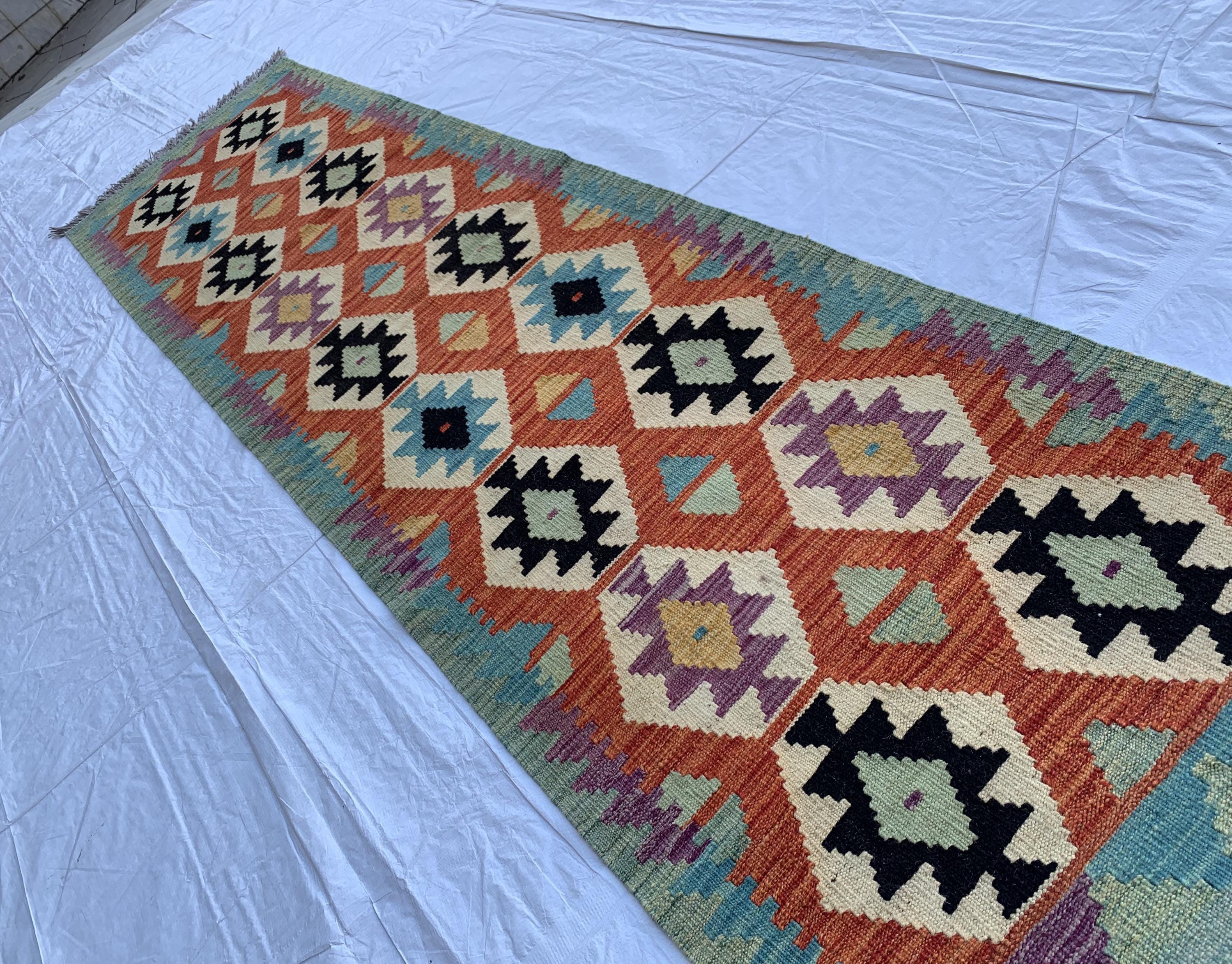 3x10 Handwoven Afghan Chobi Kilim Runner Multicolor Wool Rug with Geometric Tribal Design, Perfect for Hallway or Entryway Decor 10x2.8 ft