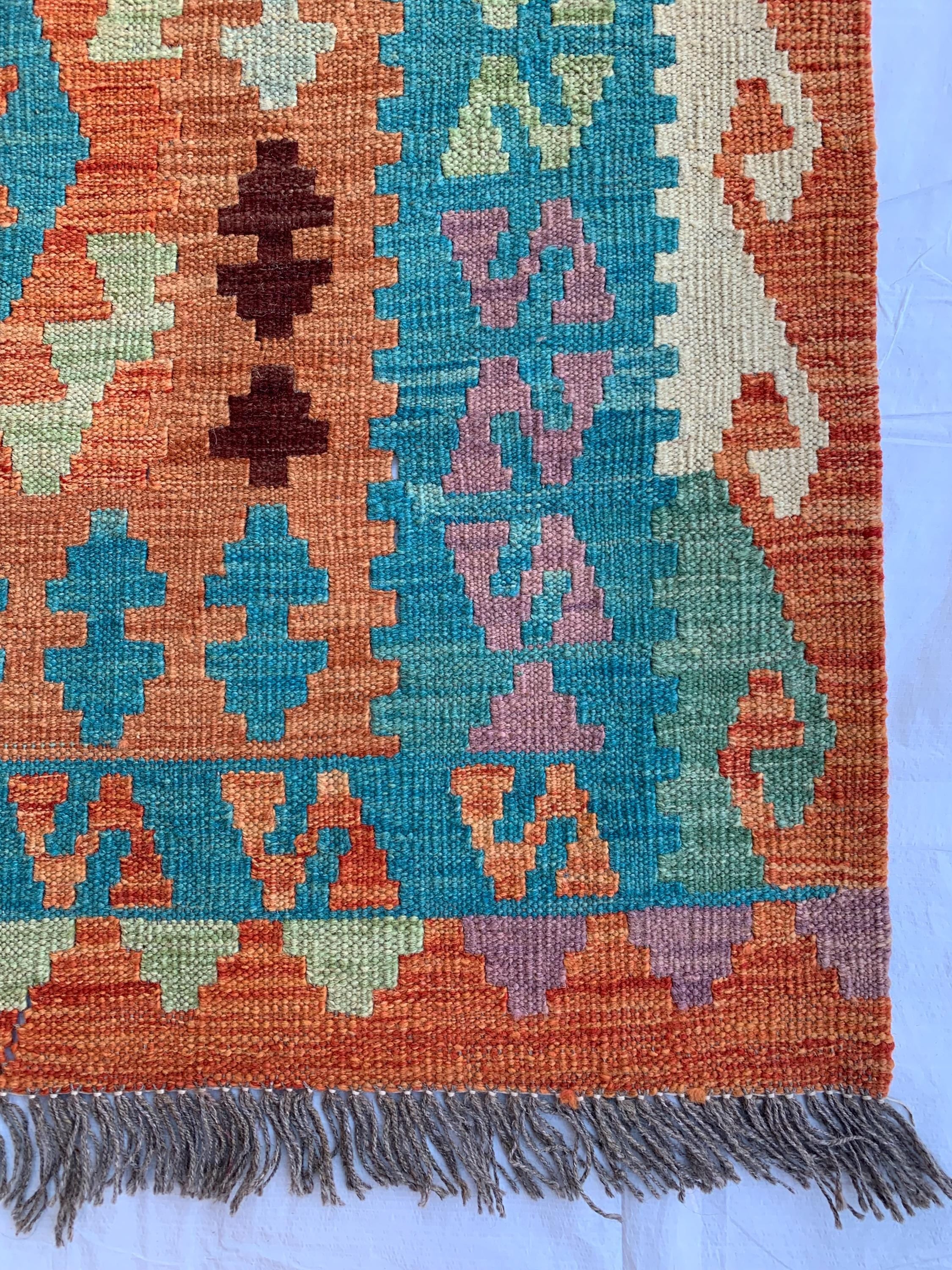 8x10 Handwoven Afghan Orange and Green Kilim Rug - Geometric Wool Flatweave Carpet, Perfect for Living Room or Bedroom Decor, 9.10x8.5 ft