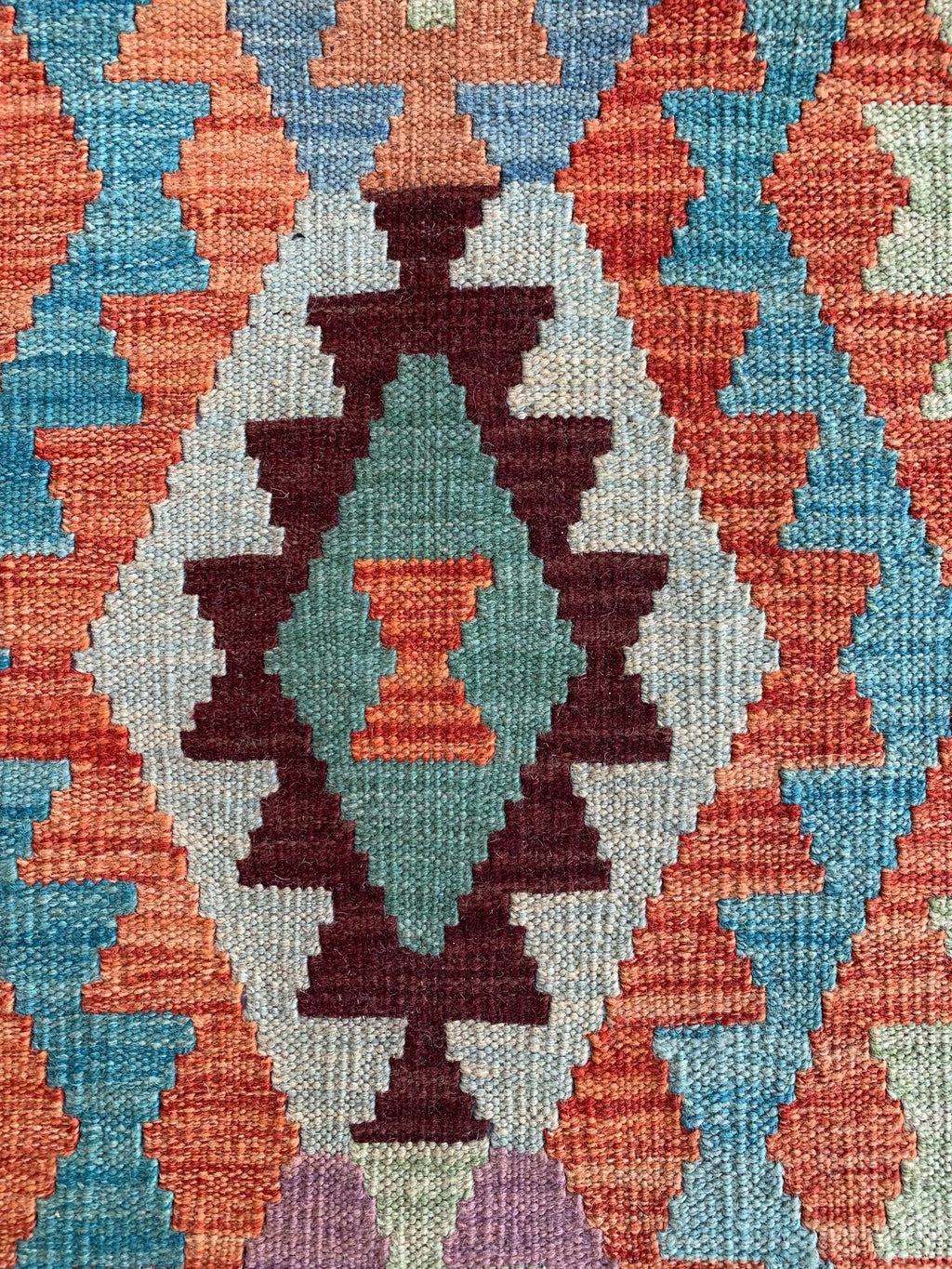 8x10 Handwoven Afghan Orange and Green Kilim Rug - Geometric Wool Flatweave Carpet, Perfect for Living Room or Bedroom Decor, 9.10x8.5 ft