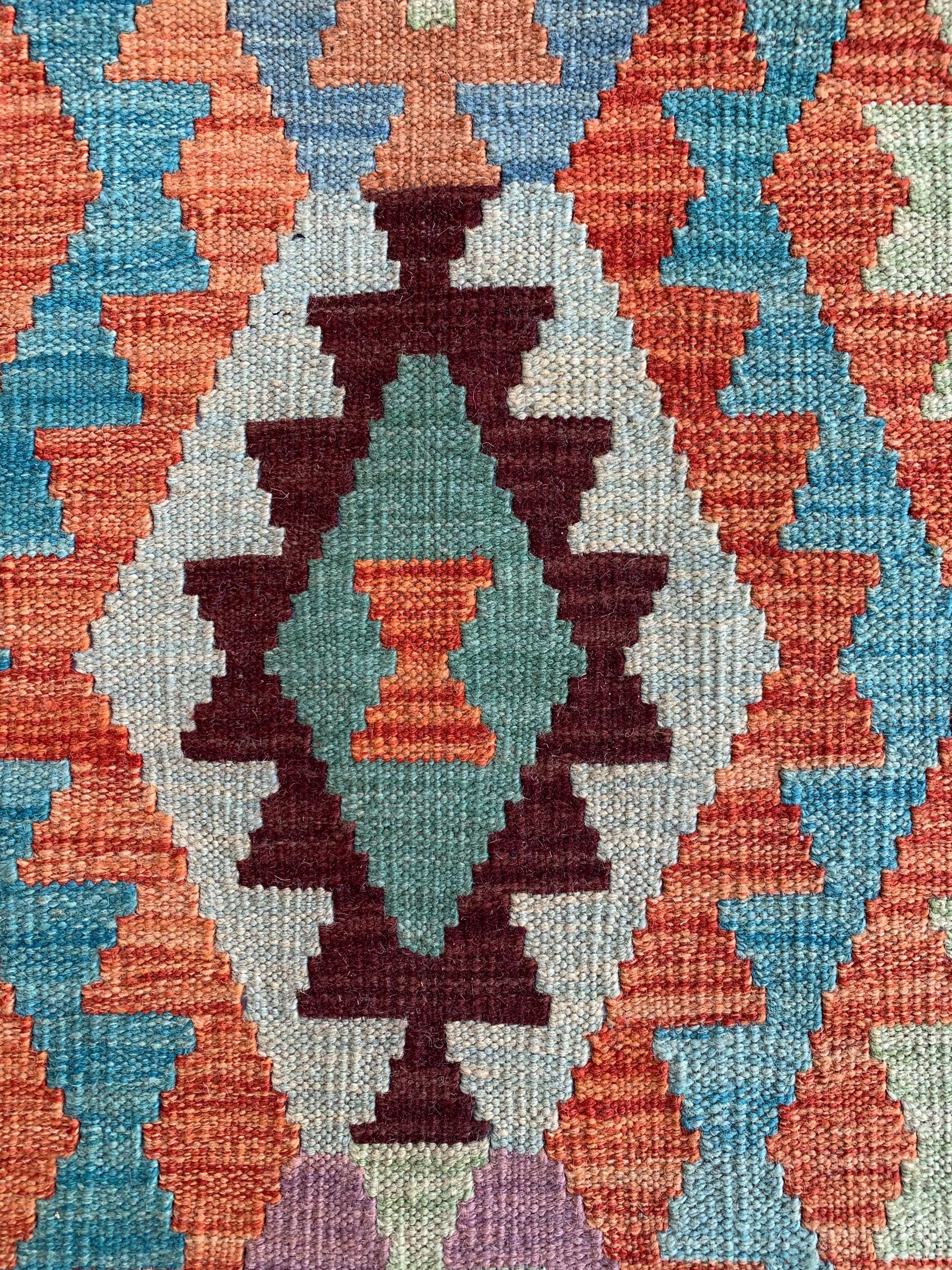 8x10 Handwoven Afghan Orange and Green Kilim Rug - Geometric Wool Flatweave Carpet, Perfect for Living Room or Bedroom Decor, 9.10x8.5 ft