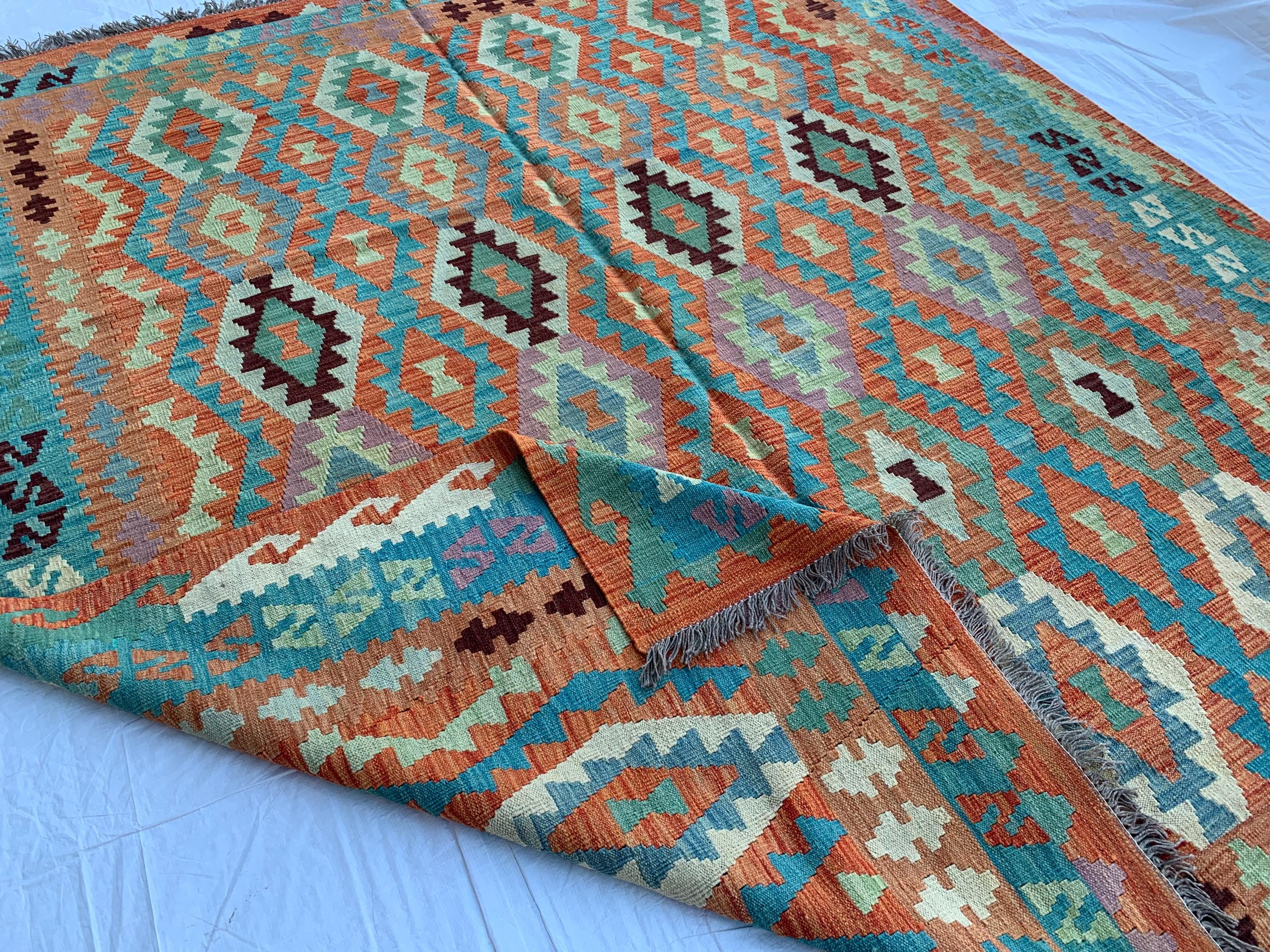 8x10 Handwoven Afghan Orange and Green Kilim Rug - Geometric Wool Flatweave Carpet, Perfect for Living Room or Bedroom Decor, 9.10x8.5 ft