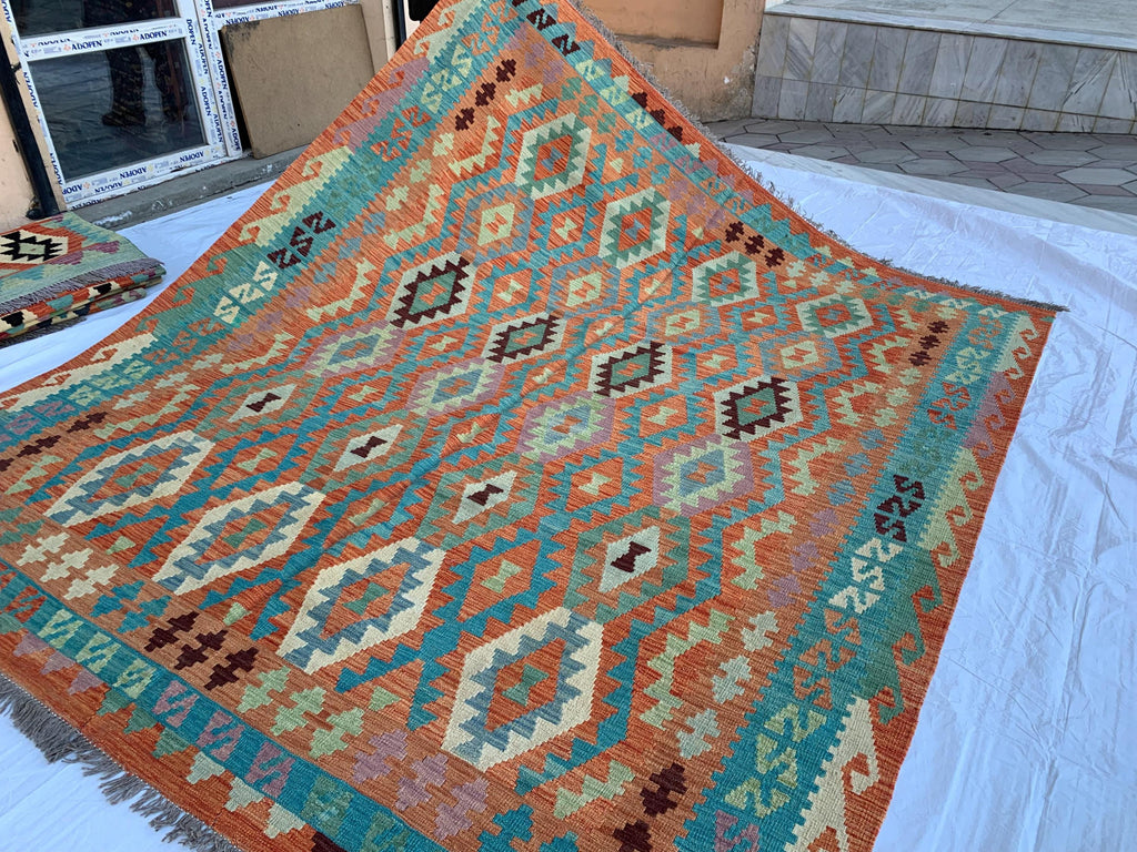 8x10 Handwoven Afghan Orange and Green Kilim Rug - Geometric Wool Flatweave Carpet, Perfect for Living Room or Bedroom Decor, 9.10x8.5 ft