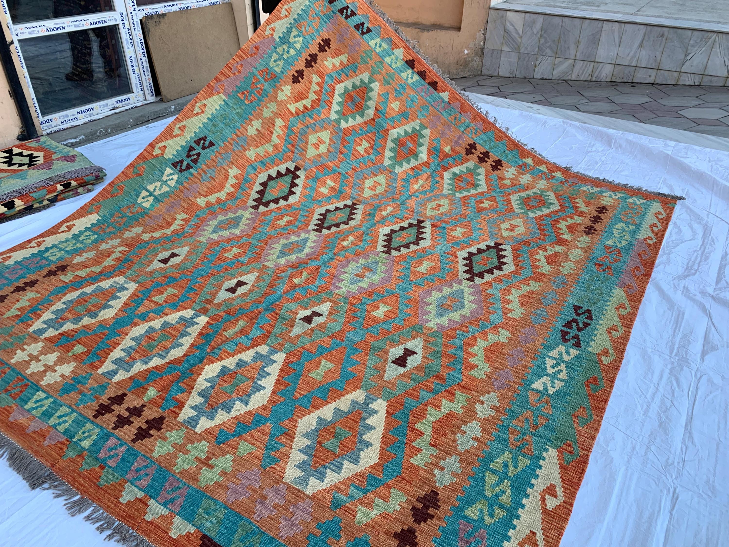 8x10 Handwoven Afghan Orange and Green Kilim Rug - Geometric Wool Flatweave Carpet, Perfect for Living Room or Bedroom Decor, 9.10x8.5 ft