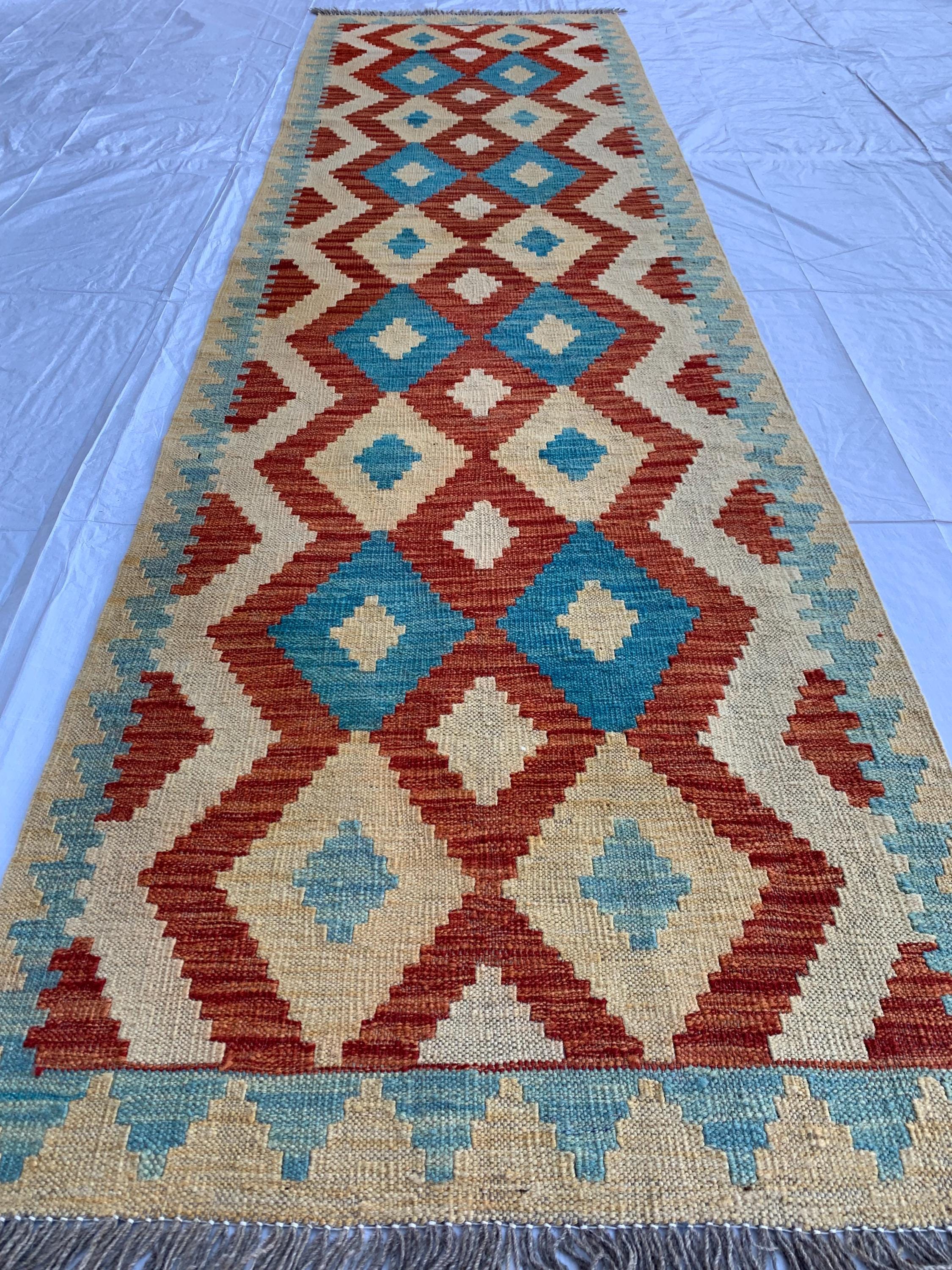 3x10 Handwoven Afghan Chobi Kilim Runner Multicolor Wool Rug with Geometric Tribal Design, Perfect for Hallway or Entryway Decor 9.6x2.10 ft