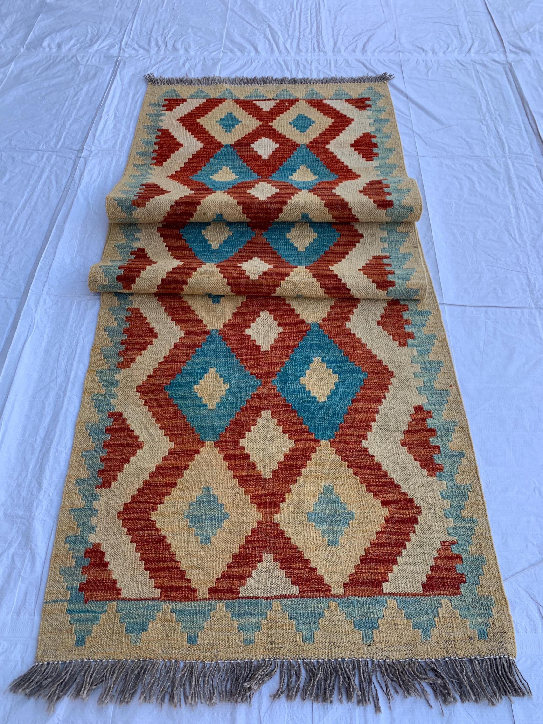 3x10 Handwoven Afghan Chobi Kilim Runner Multicolor Wool Rug with Geometric Tribal Design, Perfect for Hallway or Entryway Decor 9.6x2.10 ft