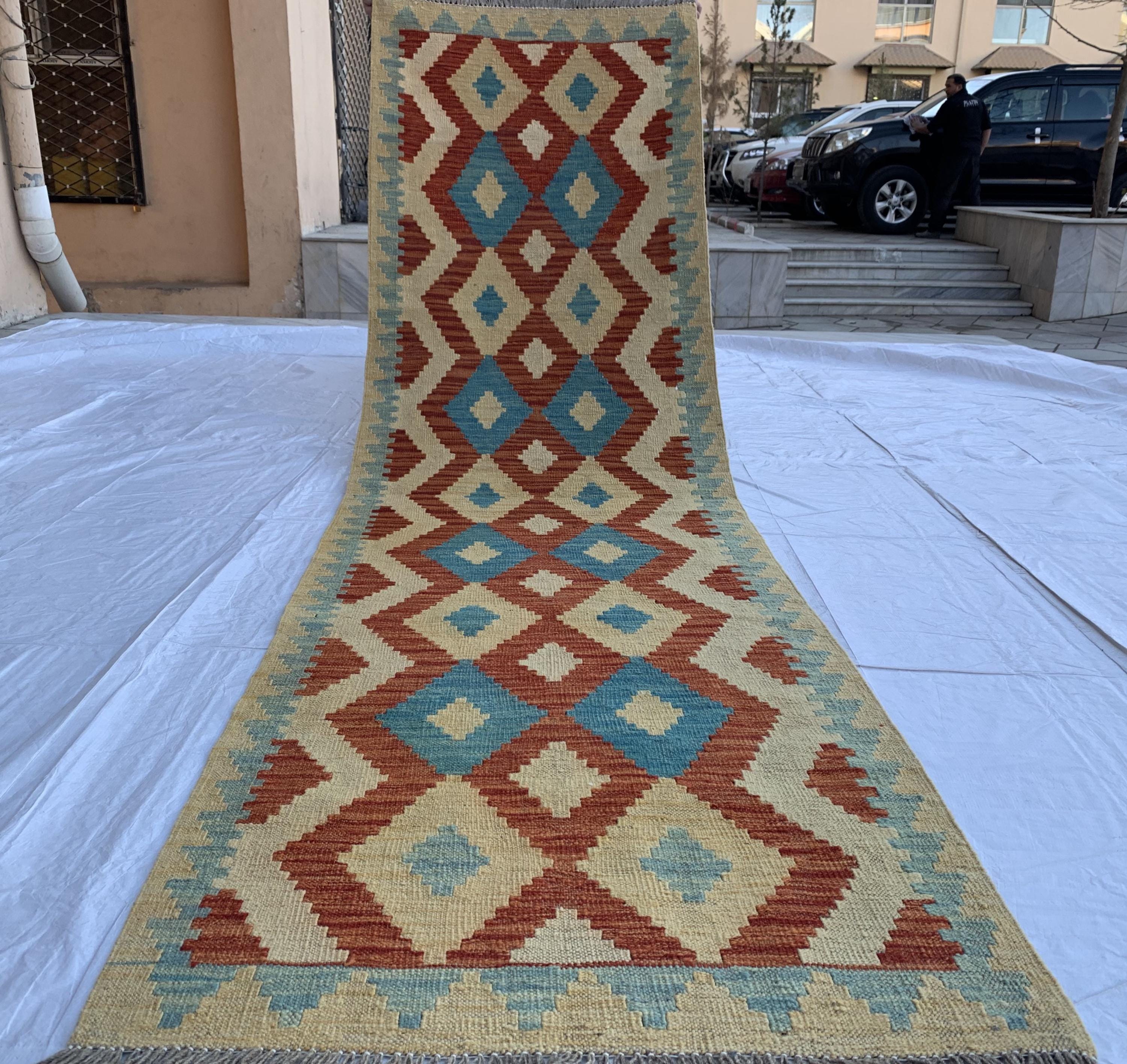 3x10 Handwoven Afghan Chobi Kilim Runner Multicolor Wool Rug with Geometric Tribal Design, Perfect for Hallway or Entryway Decor 9.6x2.10 ft