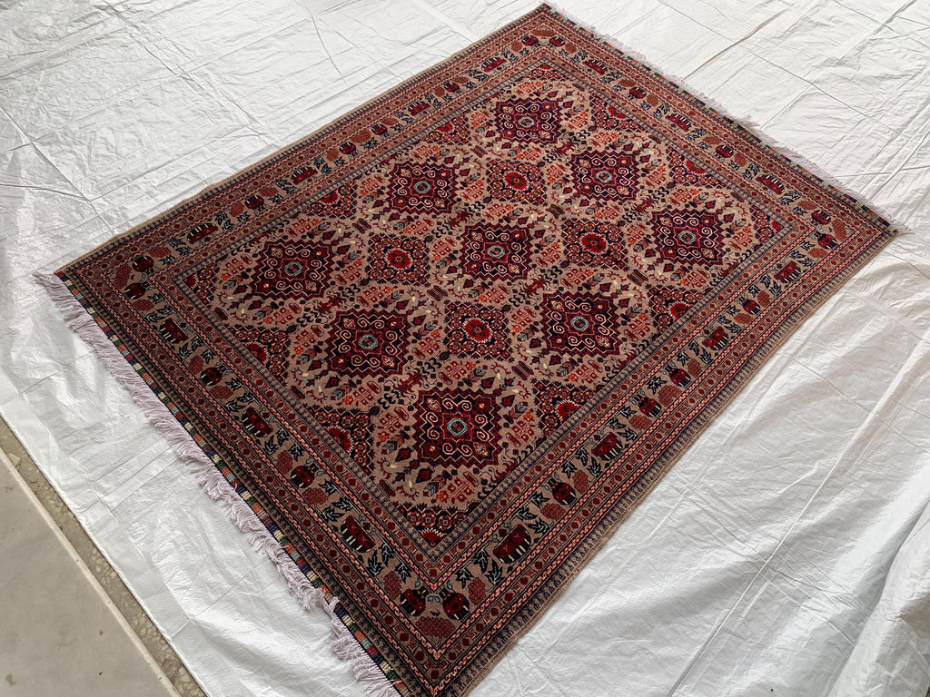 6.4x5 ft Handmade Afghan Tribal Rug – Vintage Wool Area Carpet, Red & Beige Geometric Bokhara Design, Perfect for living Room, Bedroom Rug
