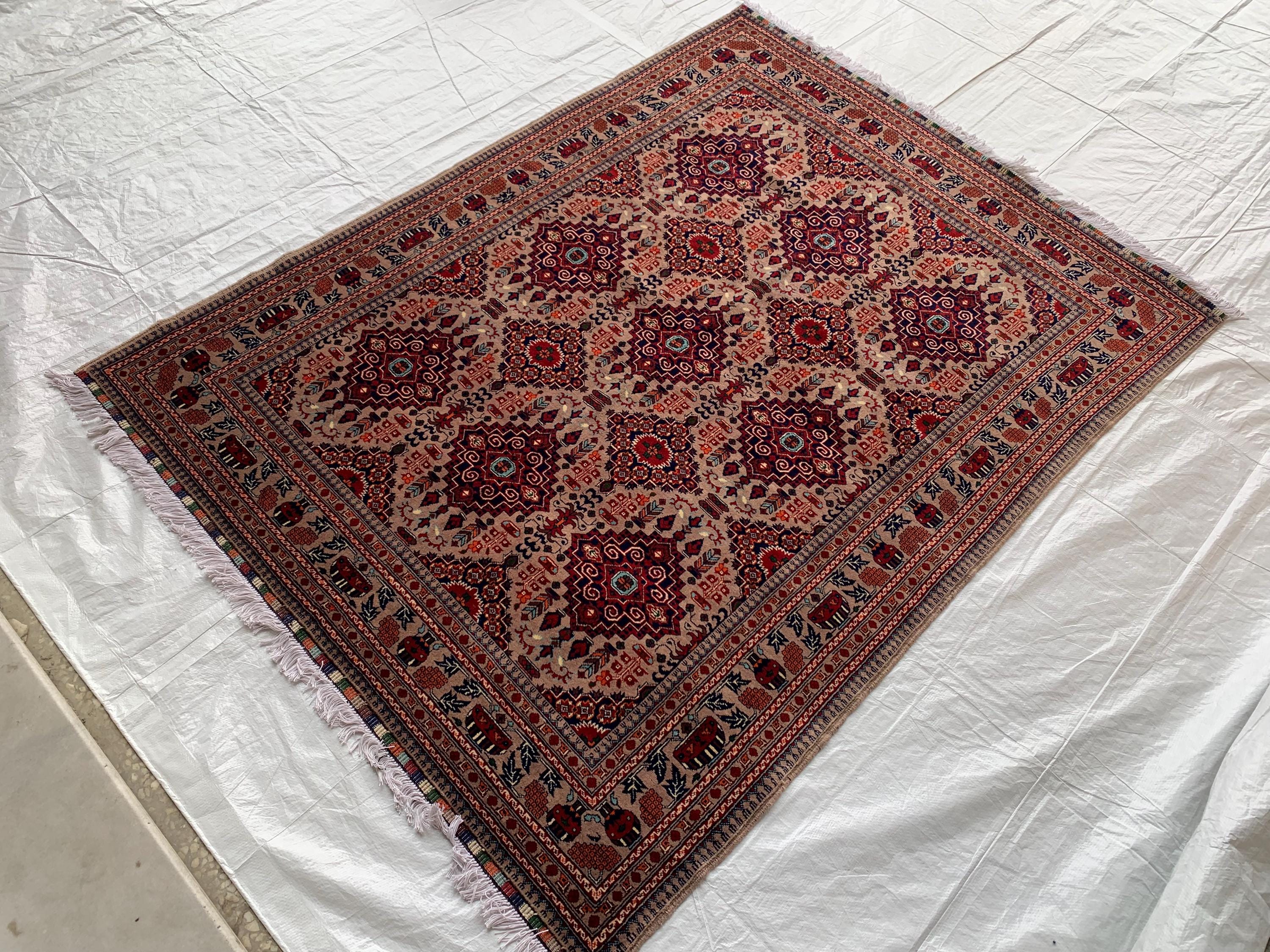 6.4x5 ft Handmade Afghan Tribal Rug – Vintage Wool Area Carpet, Red & Beige Geometric Bokhara Design, Perfect for living Room, Bedroom Rug